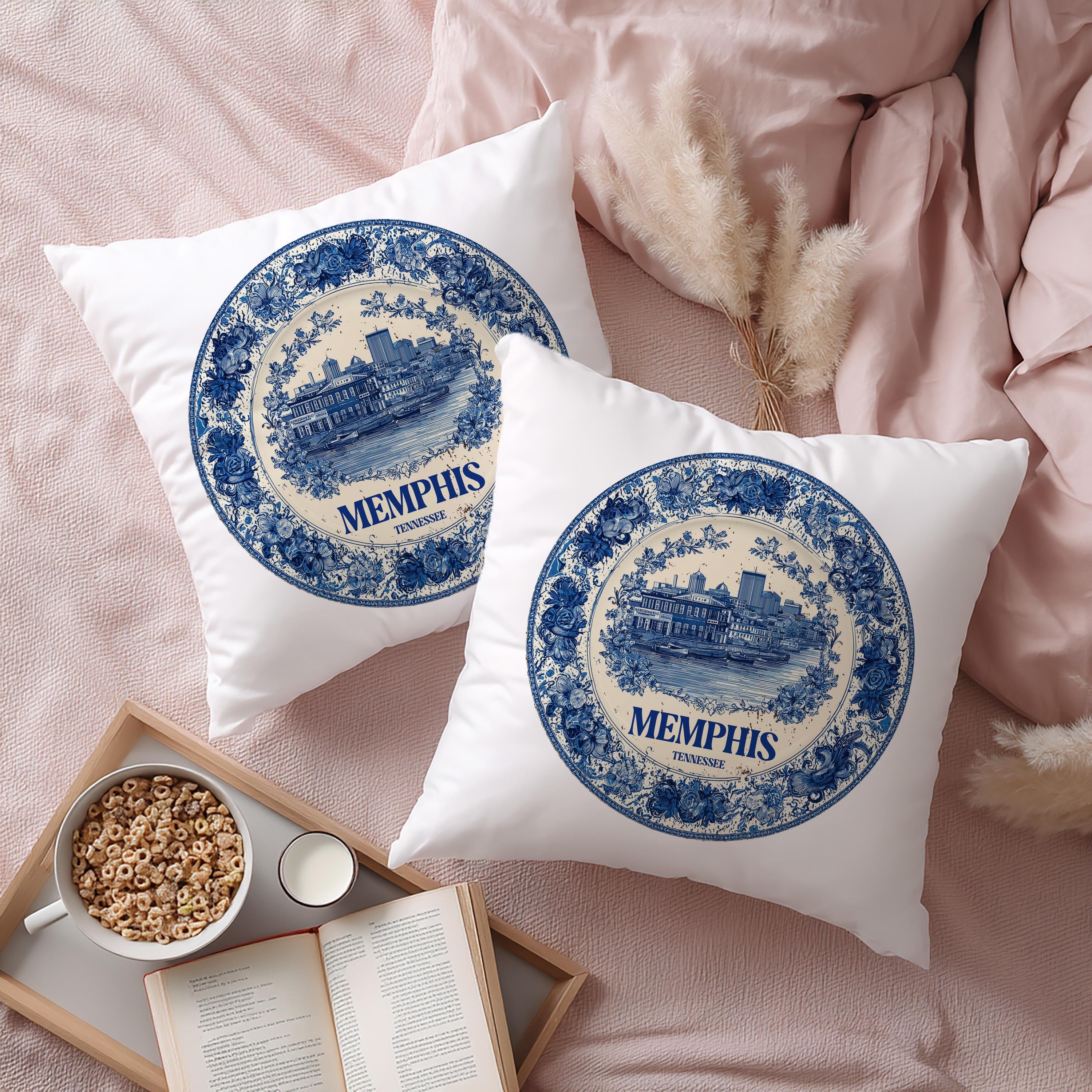 Memphis Tennessee Pillowcase, Delft Style Decorative Throw Pillow, Vintage Cityscape Retro Home Decor