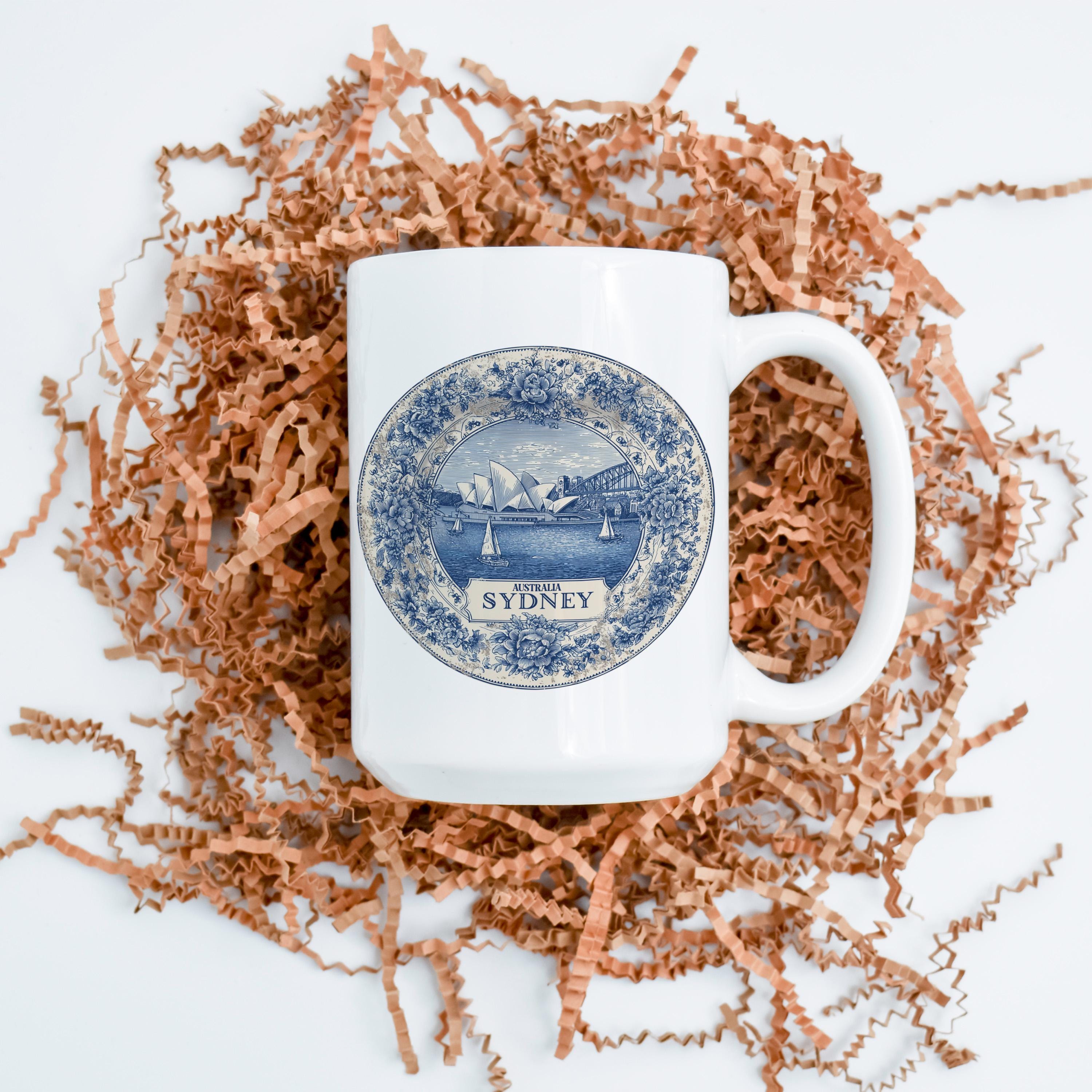 Sydney Australia Mug, Custom Delft Style cup, Personalized Vintage Travel City Gift