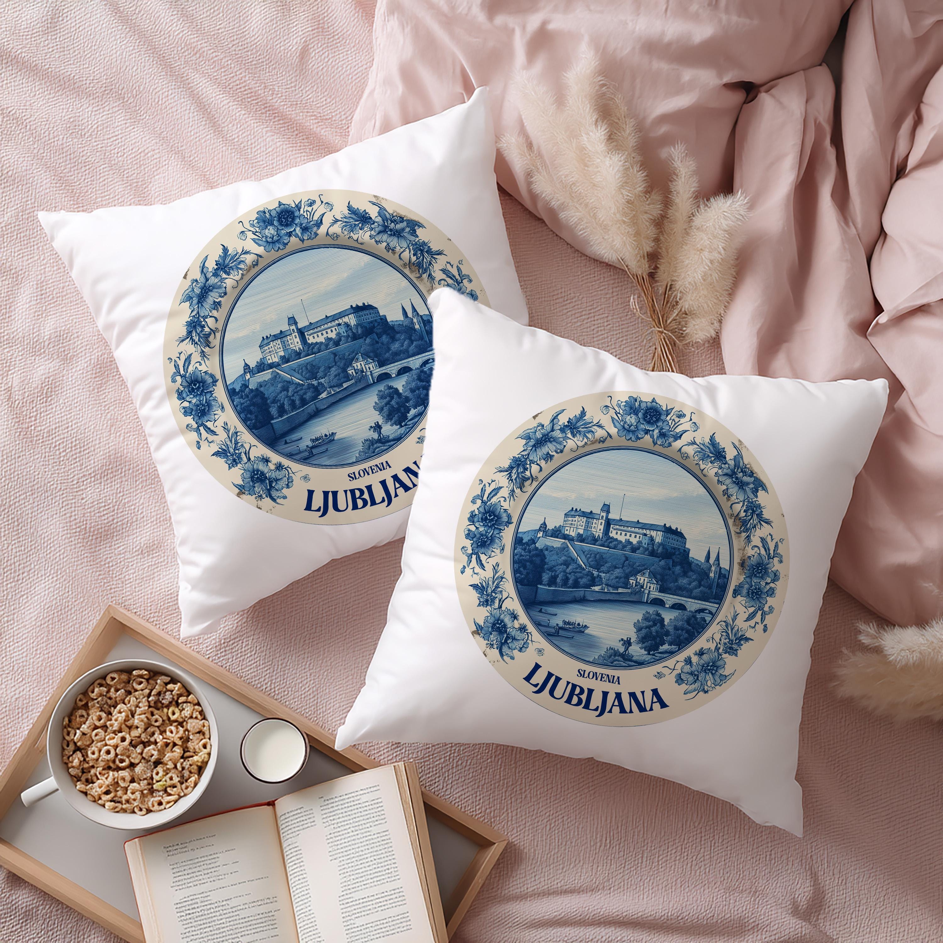 Ljubljana Slovenia Pillowcase, Delft Style Decorative Throw Pillow, Vintage Cityscape Retro Home Decor