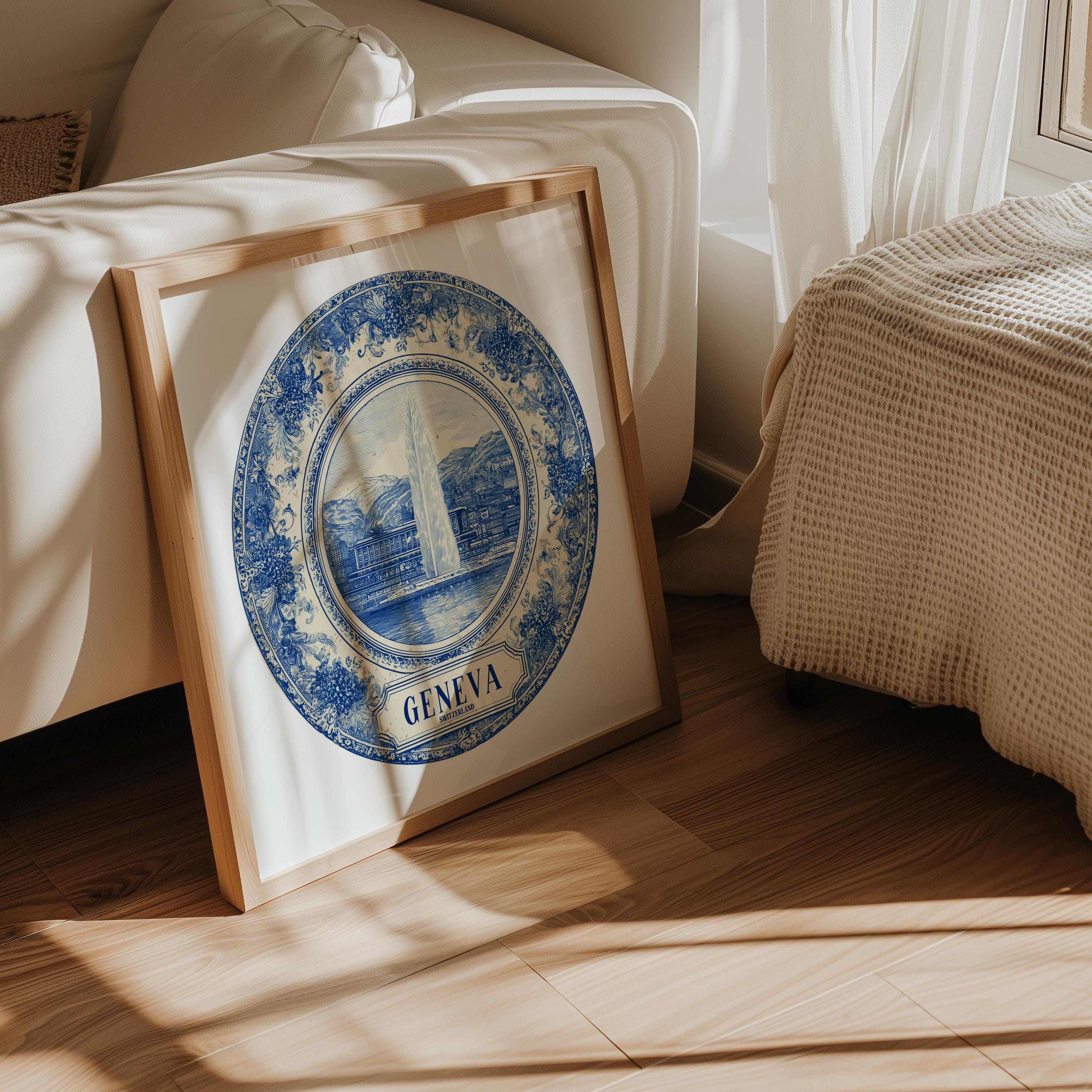 Geneva Switzerland Wall Art, Vintage Delft Blue Poster, City Print, Travel Home Decor