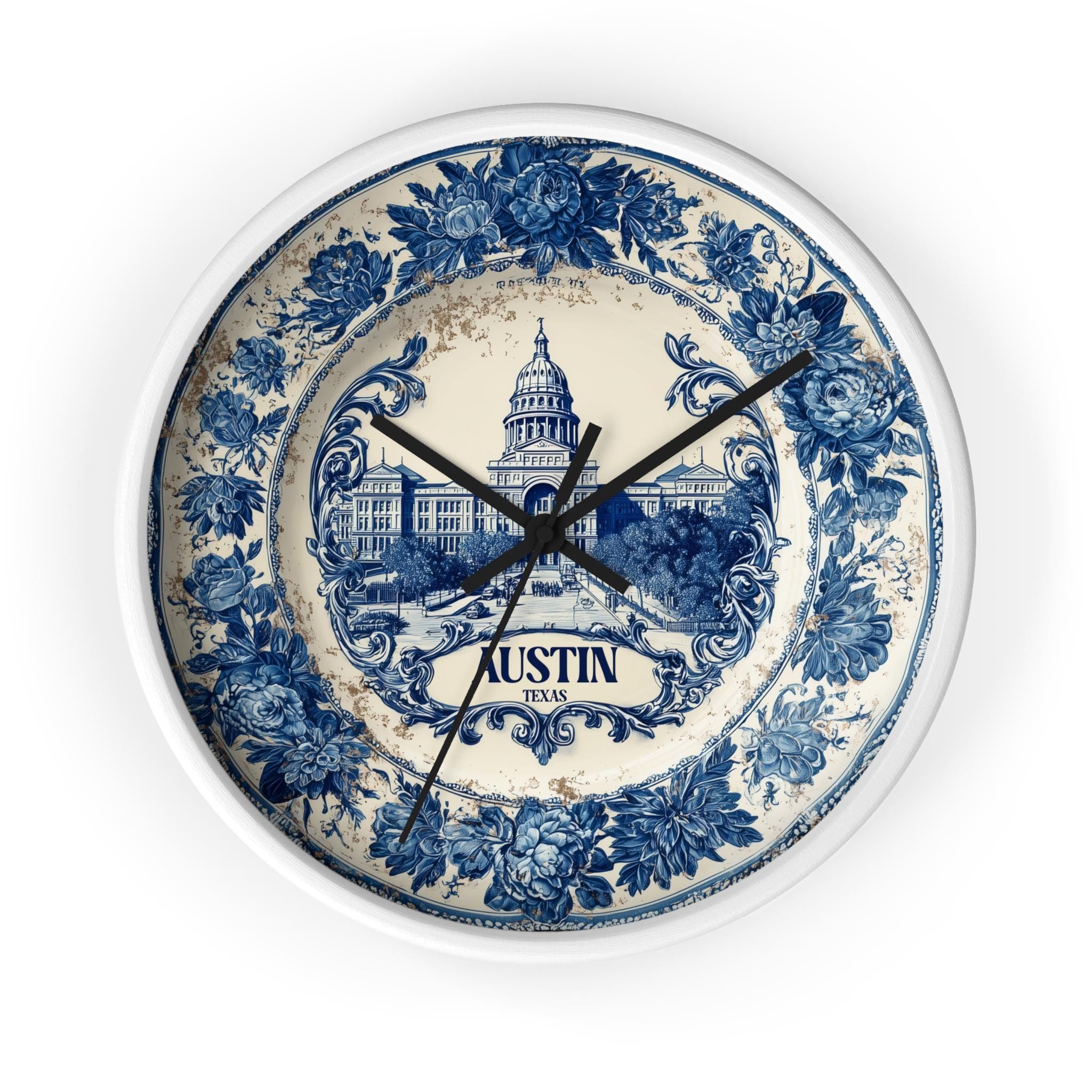 Austin Texas Wall Clock, Delf style Home Decor, Vintage City Travel Keepsake Art