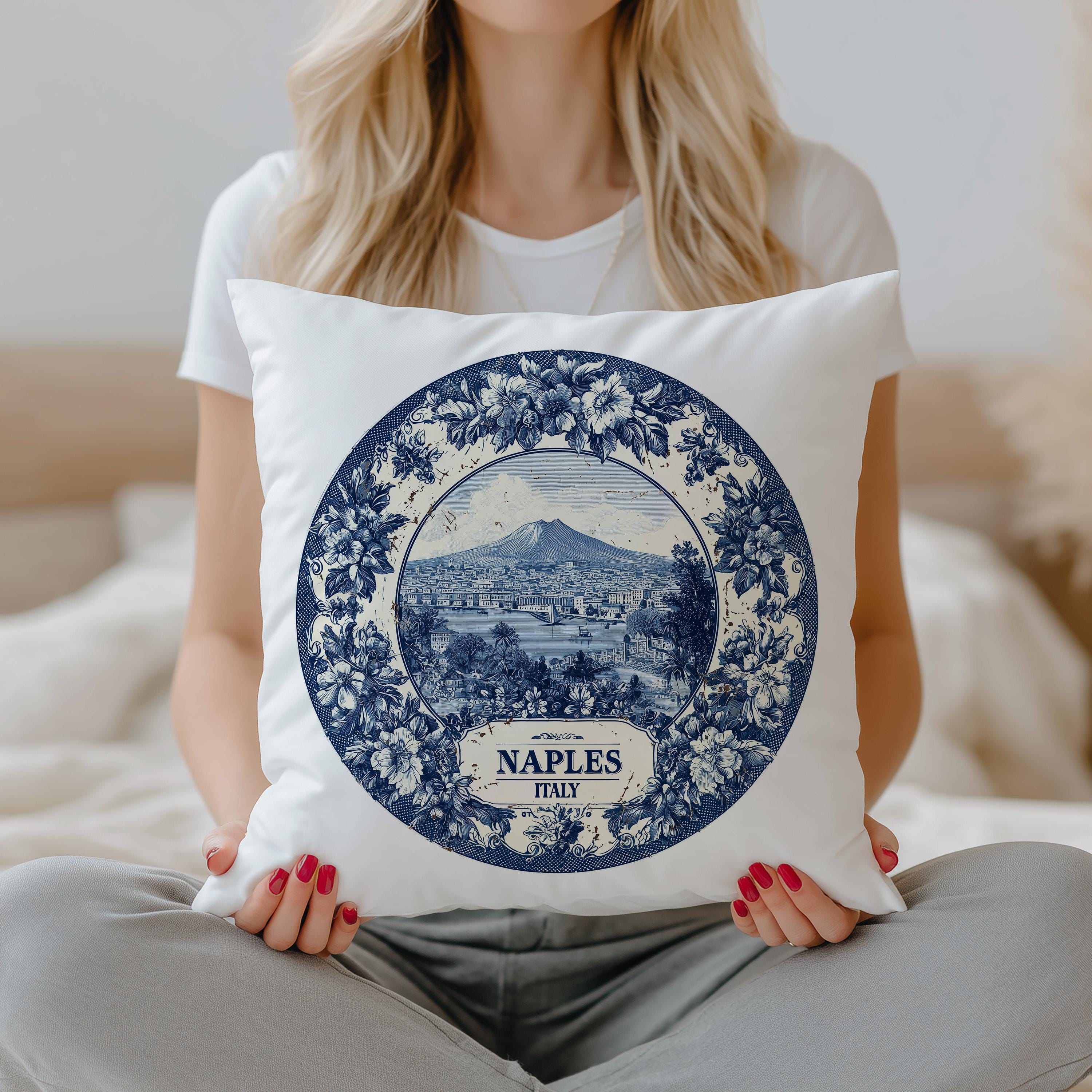 Naples Italy Pillowcase, Delft Style Decorative Throw Pillow, Vintage Cityscape Retro Home Decor