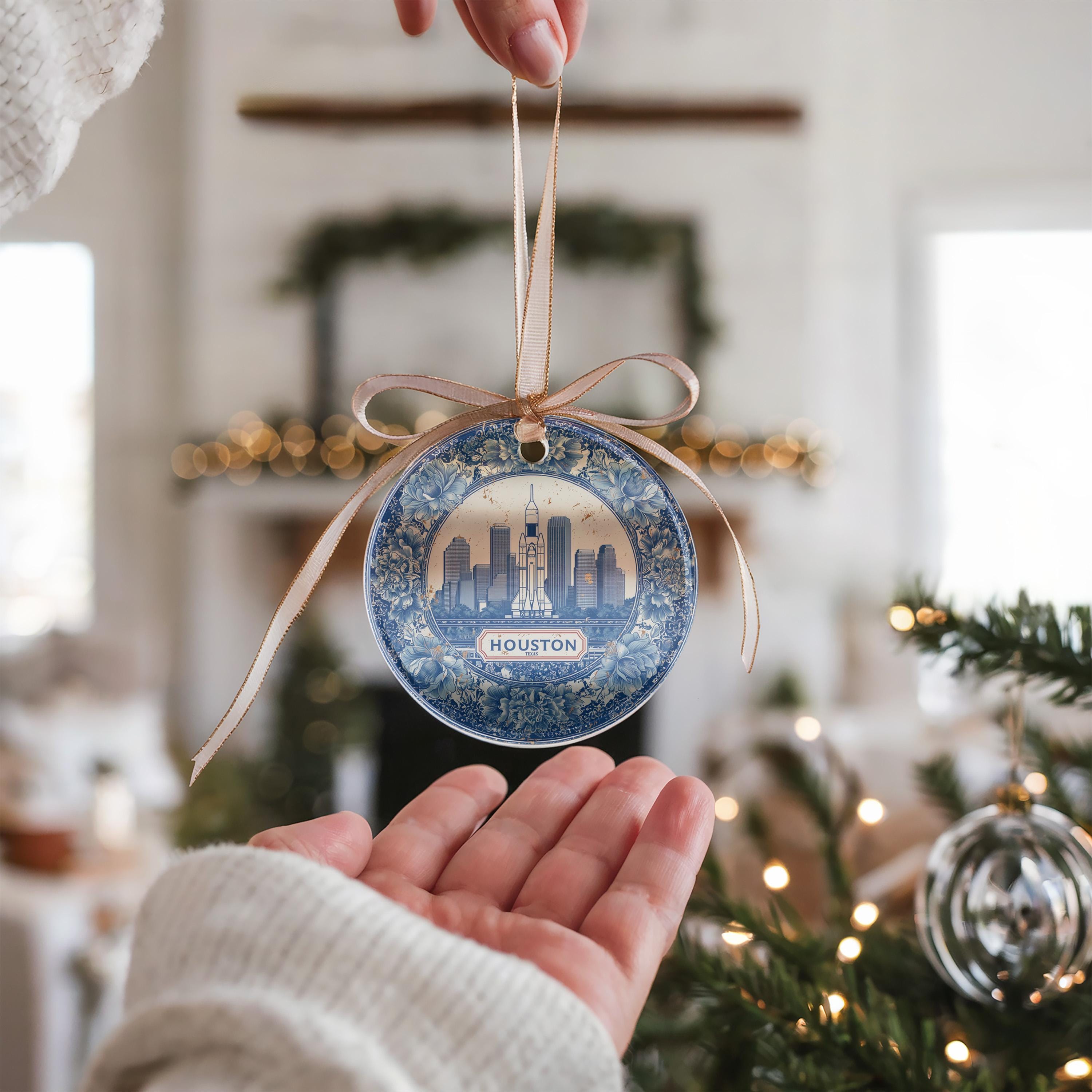 Custom Houston Texas Ceramic Delft Ornament, Christmas Delftware Blue Delftware city travel