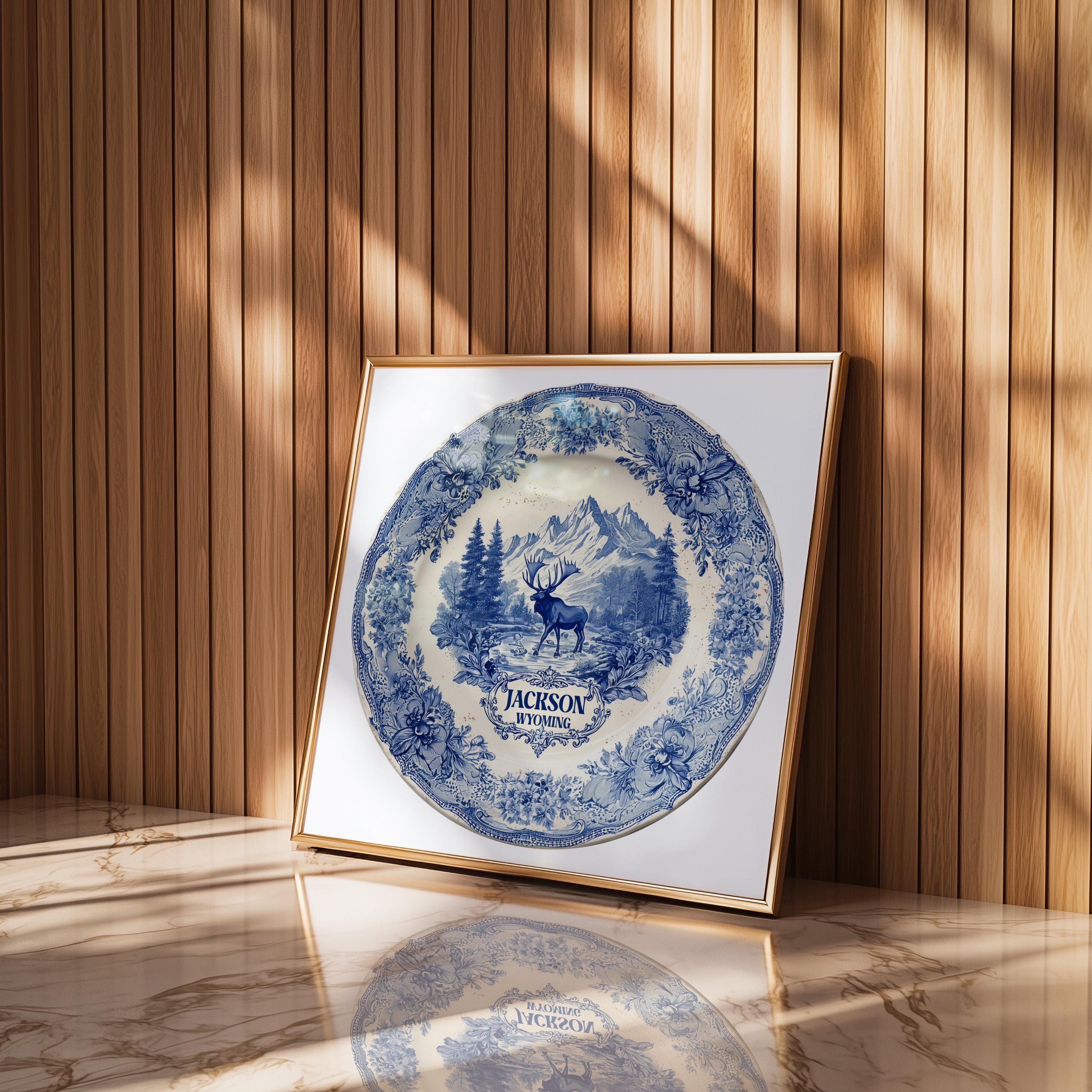 Jackson  Wyoming Wall Art, Vintage Delft Blue Poster, City Print, Travel Home Decor