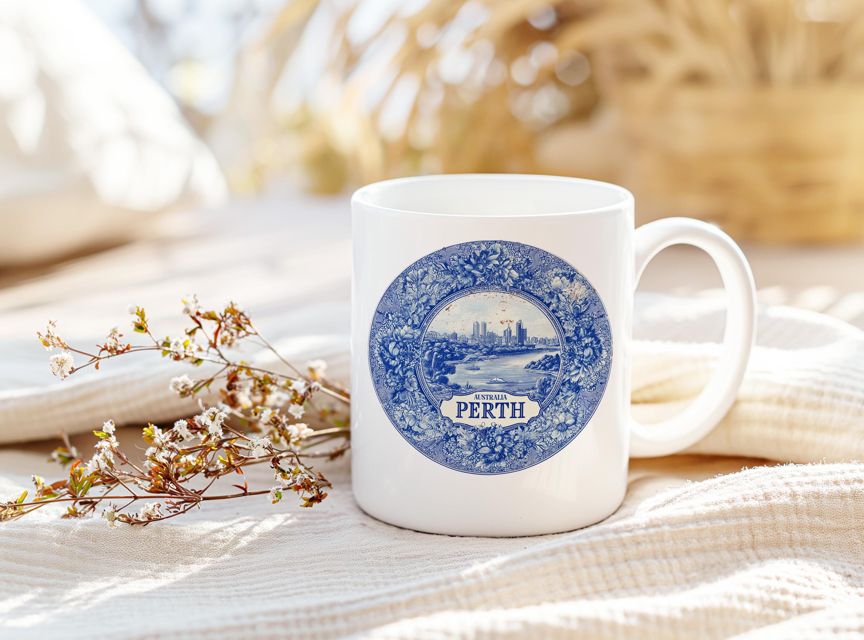 Perth Australia Mug, Custom Delft Style cup, Personalized Vintage Travel City Gift