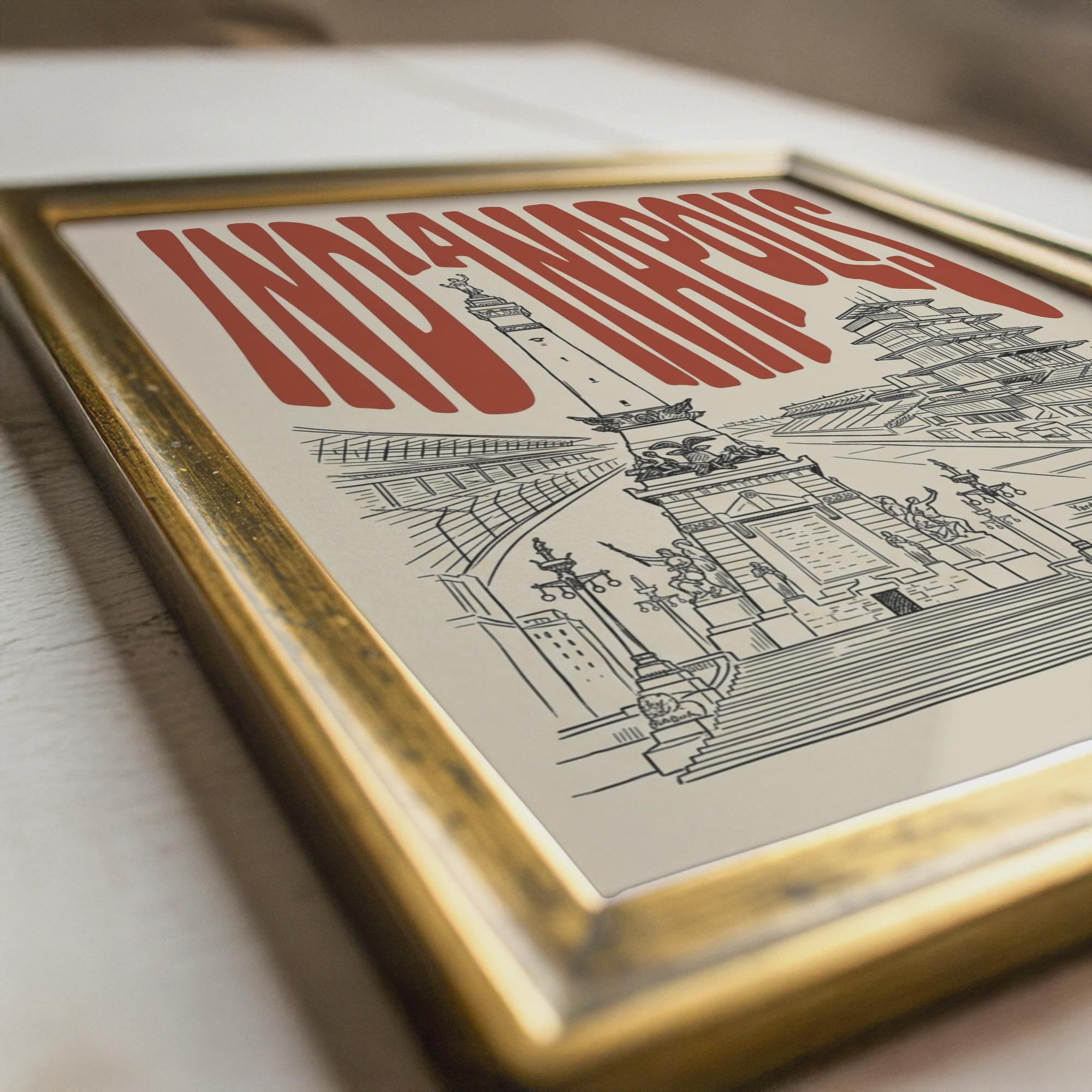 Indianapolis Wall Art, Minimalist Retro Skyline Framed Canvas Print, Indiana Home Decor