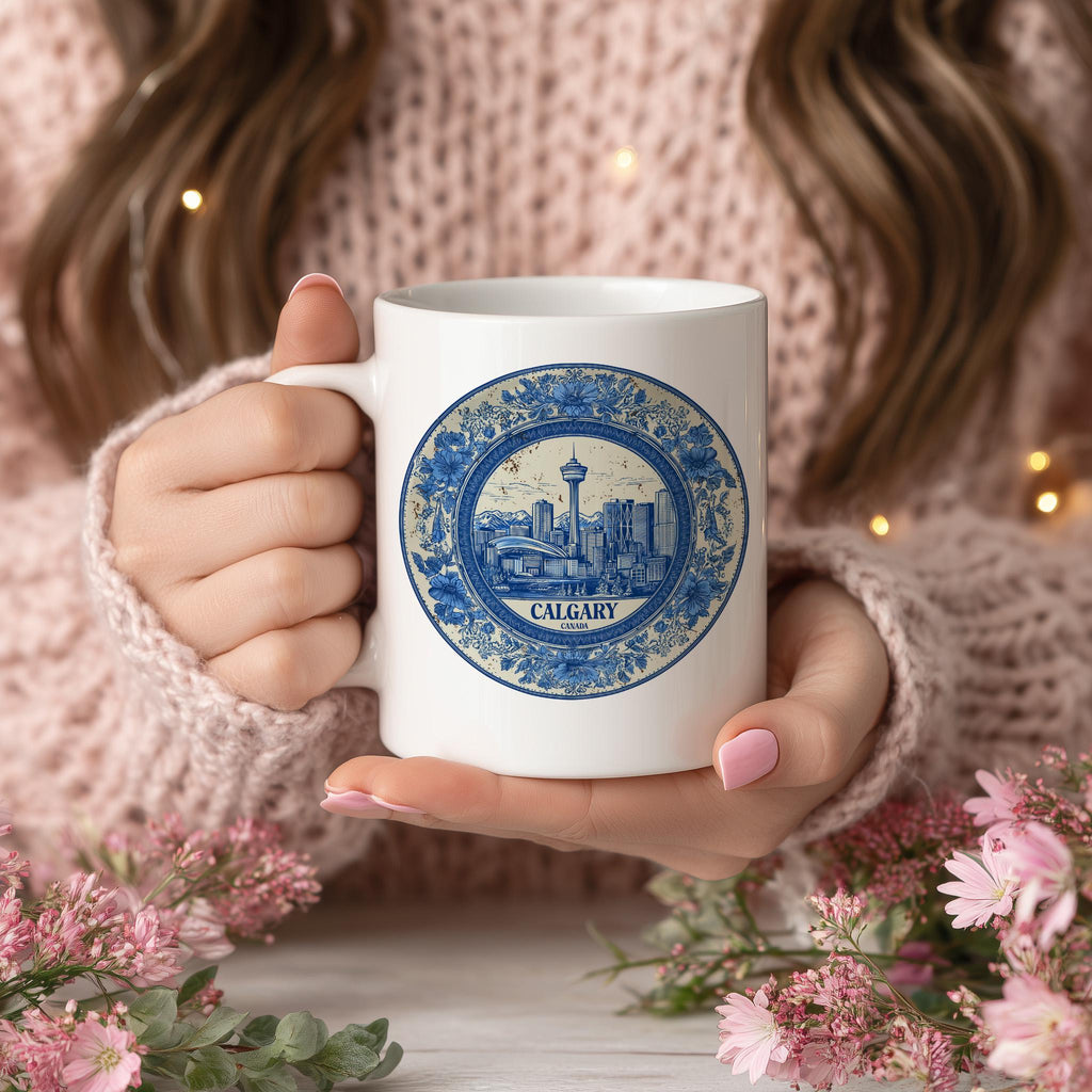Calgary Canada Mug, Custom Delft Style cup, Personalized Vintage Travel City Gift