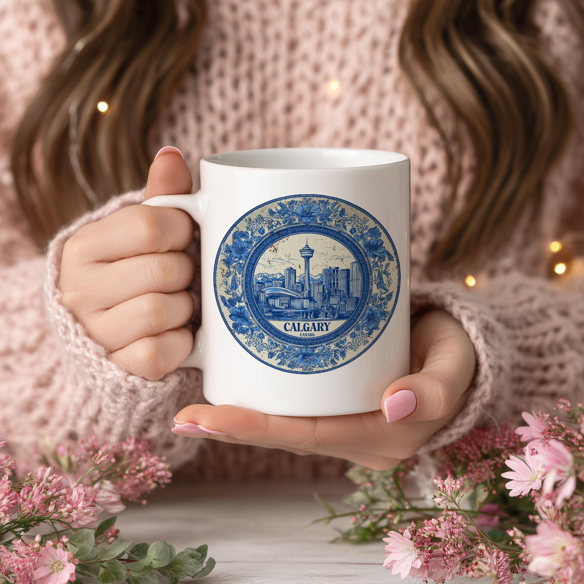 Calgary Canada Mug, Custom Delft Style cup, Personalized Vintage Travel City Gift