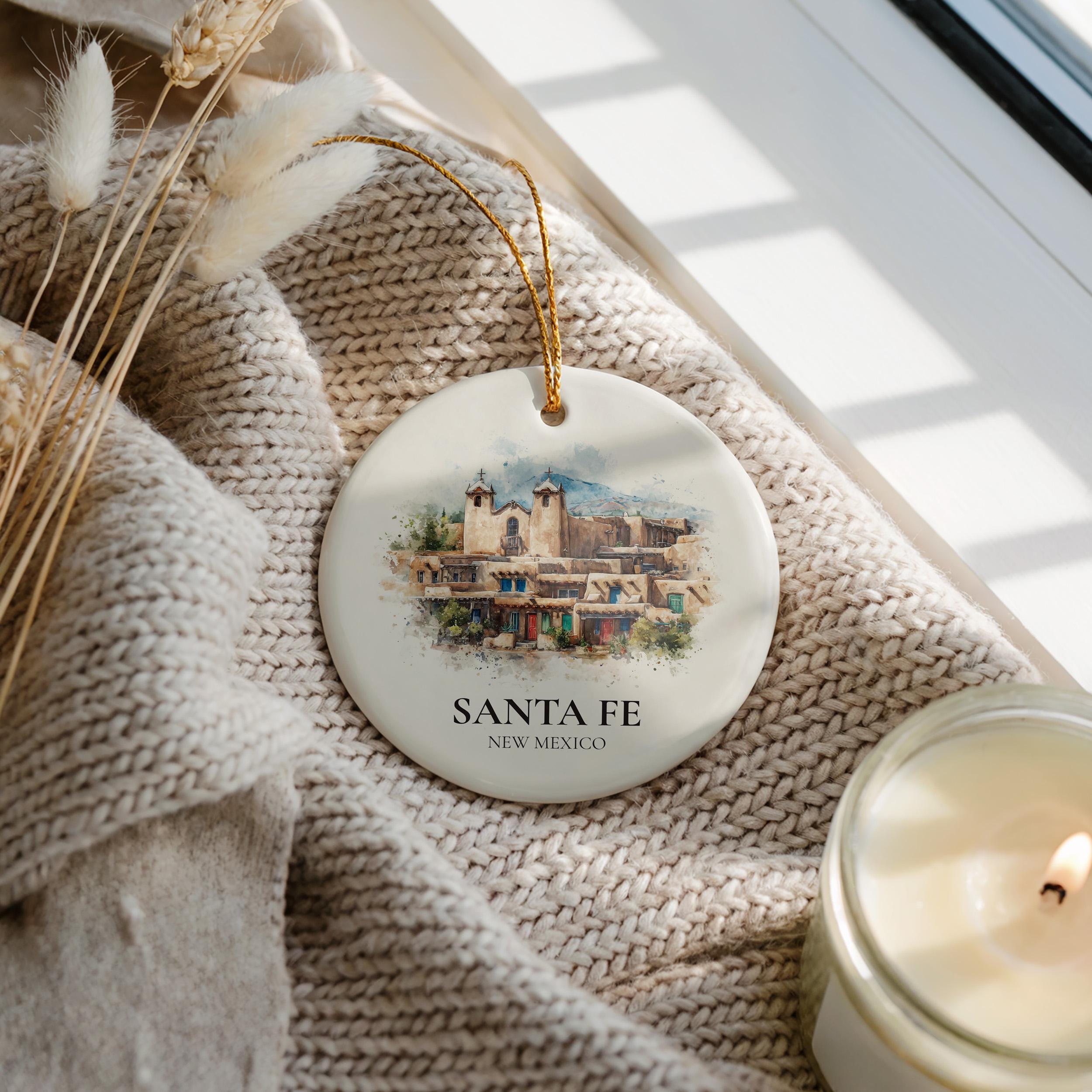 Santa Fe New Mexico Personalized Watercolor Ornament, Custom Ceramic Christmas gift, Travel Keepsake