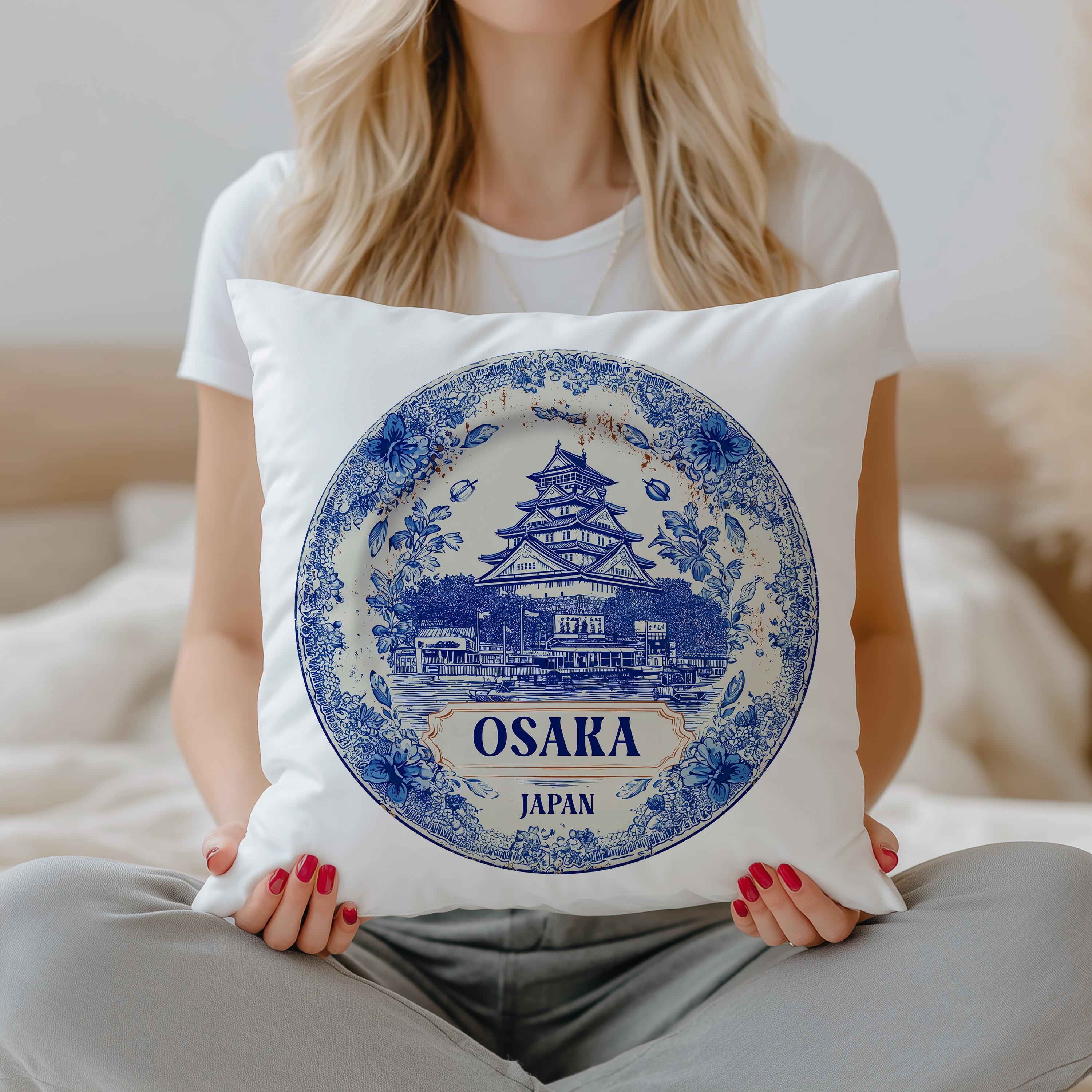 Osaka Japan Pillowcase, Delft Style Decorative Throw Pillow, Vintage Cityscape Retro Home Decor