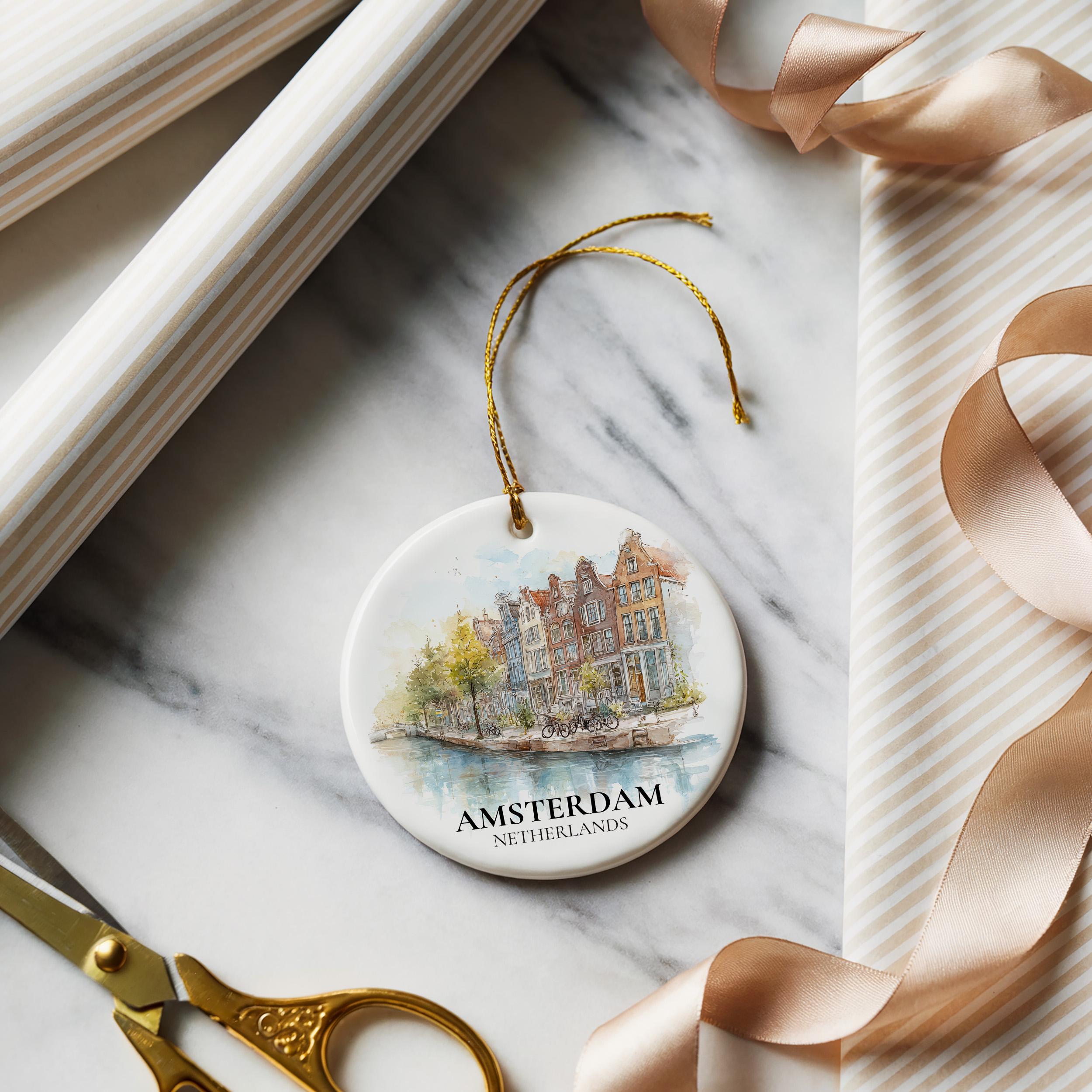 Amsterdam Netherlands Personalized Watercolor Ornament, Custom Ceramic Christmas gift, Travel Keepsake