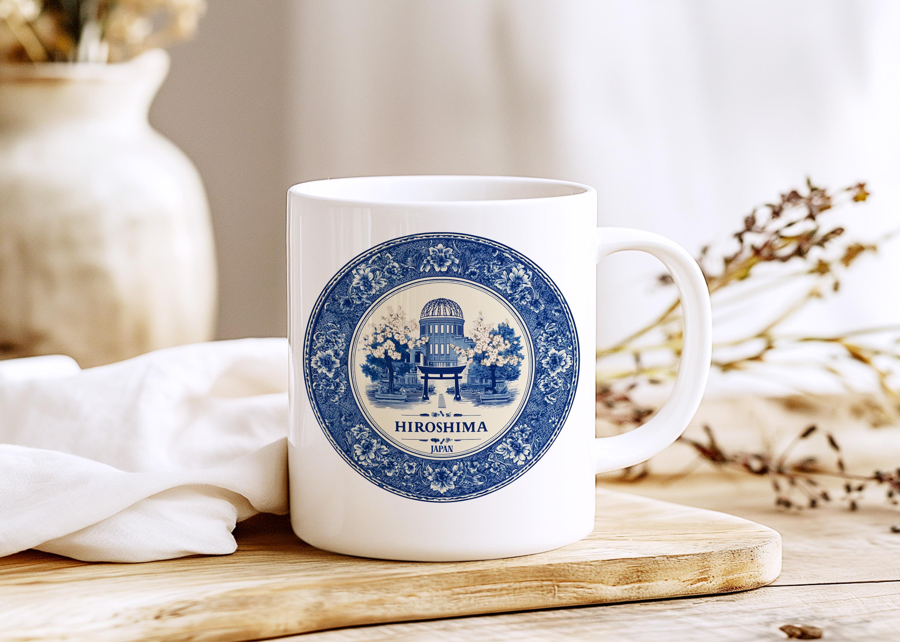 Hiroshima Japan Mug, Custom Delft Style cup, Personalized Vintage Travel City Gift