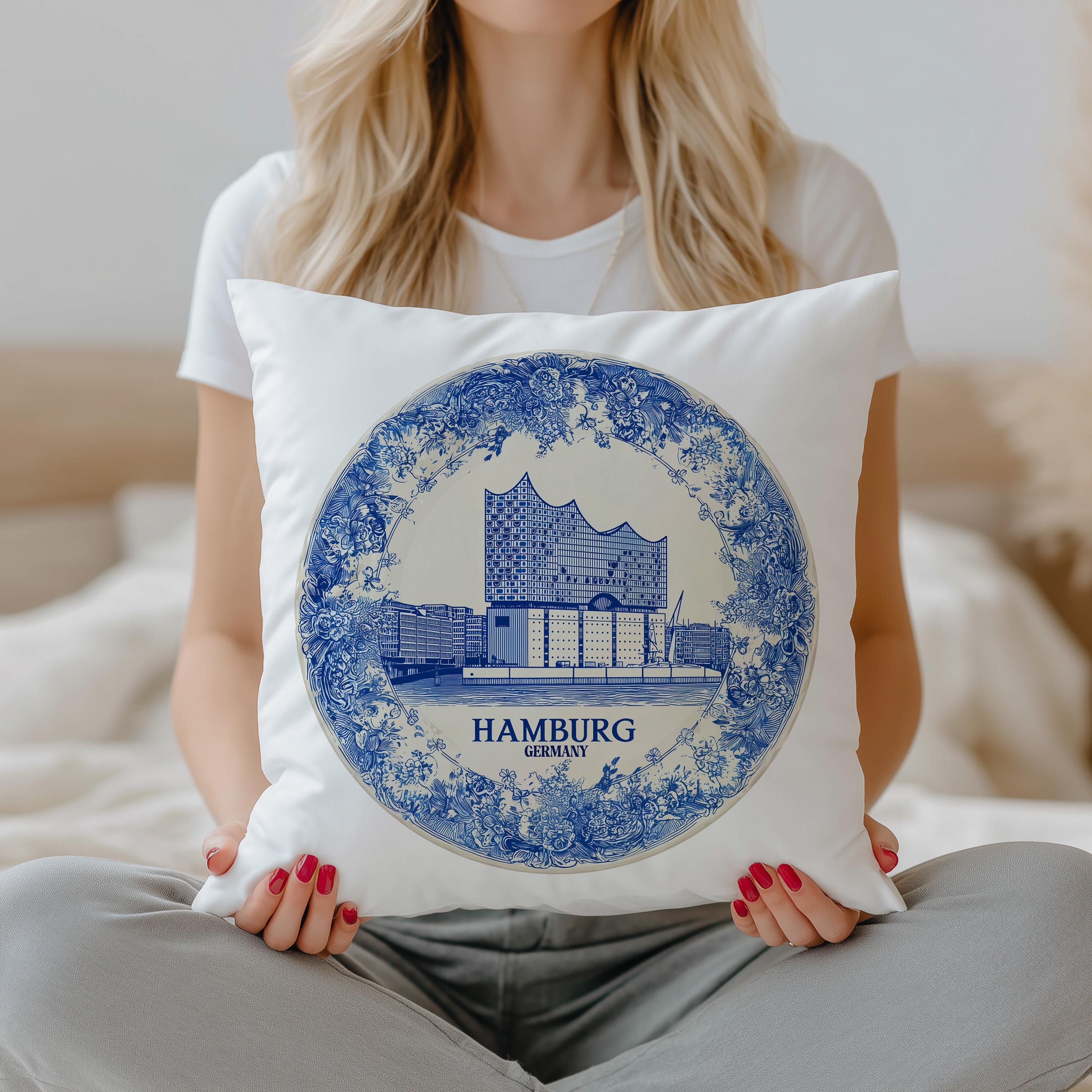 Hamburg Germany Pillowcase, Delft Style Decorative Throw Pillow, Vintage Cityscape Retro Home Decor