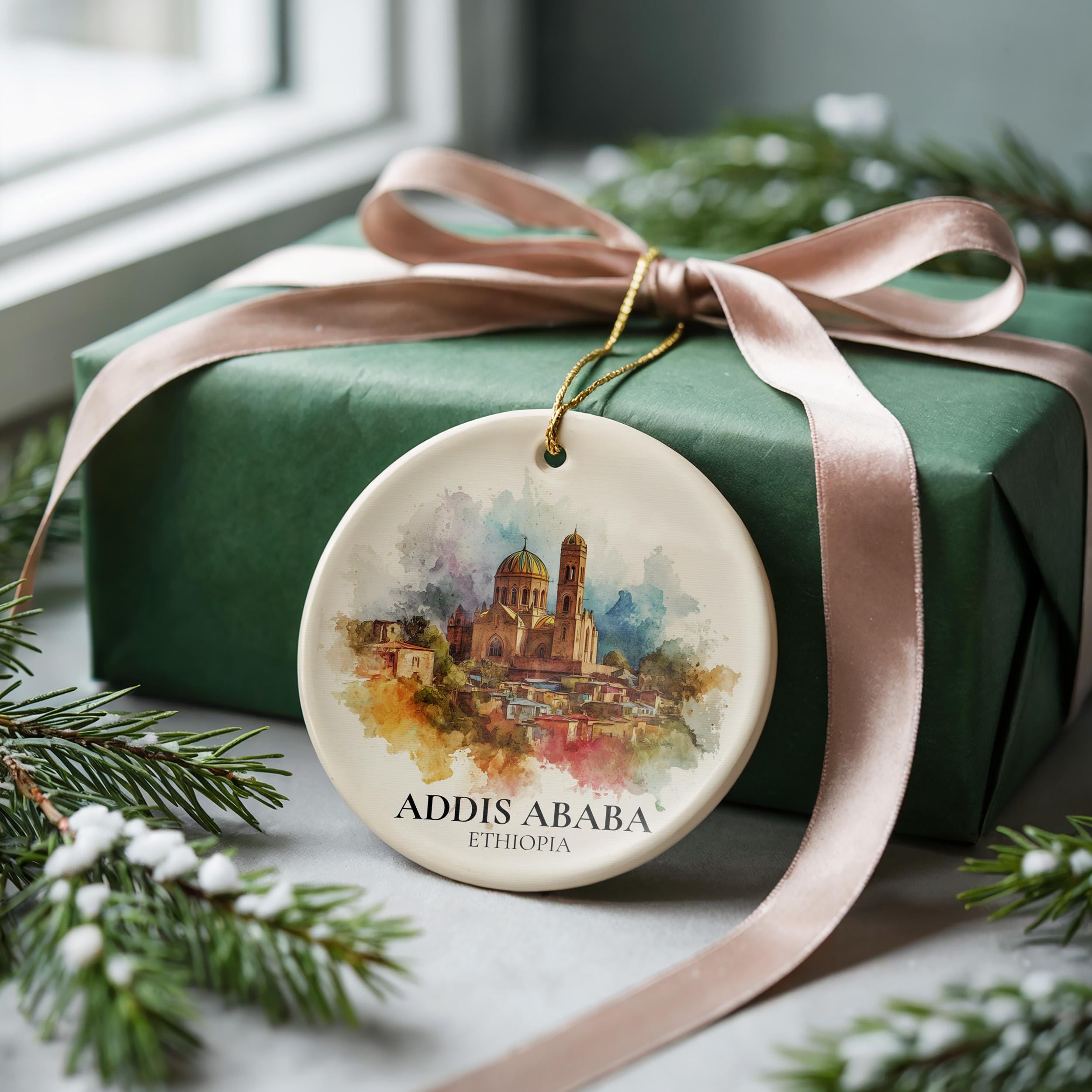 Addis Ababa Ethiopia Personalized Watercolor Ornament, Custom Ceramic Christmas gift, Travel Keepsake