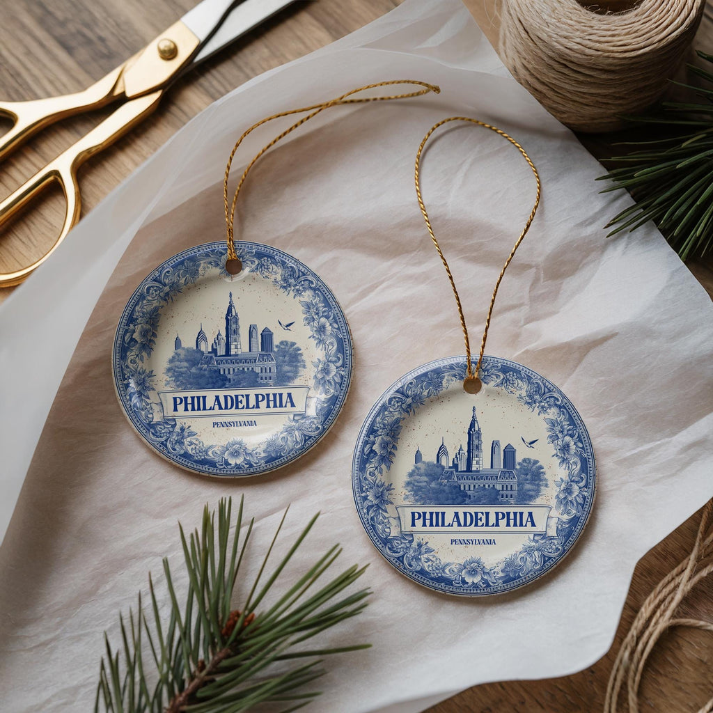 Custom Philadelphia Pennsylvania Ceramic Delft Ornament, Christmas Delftware Blue Delftware city travel