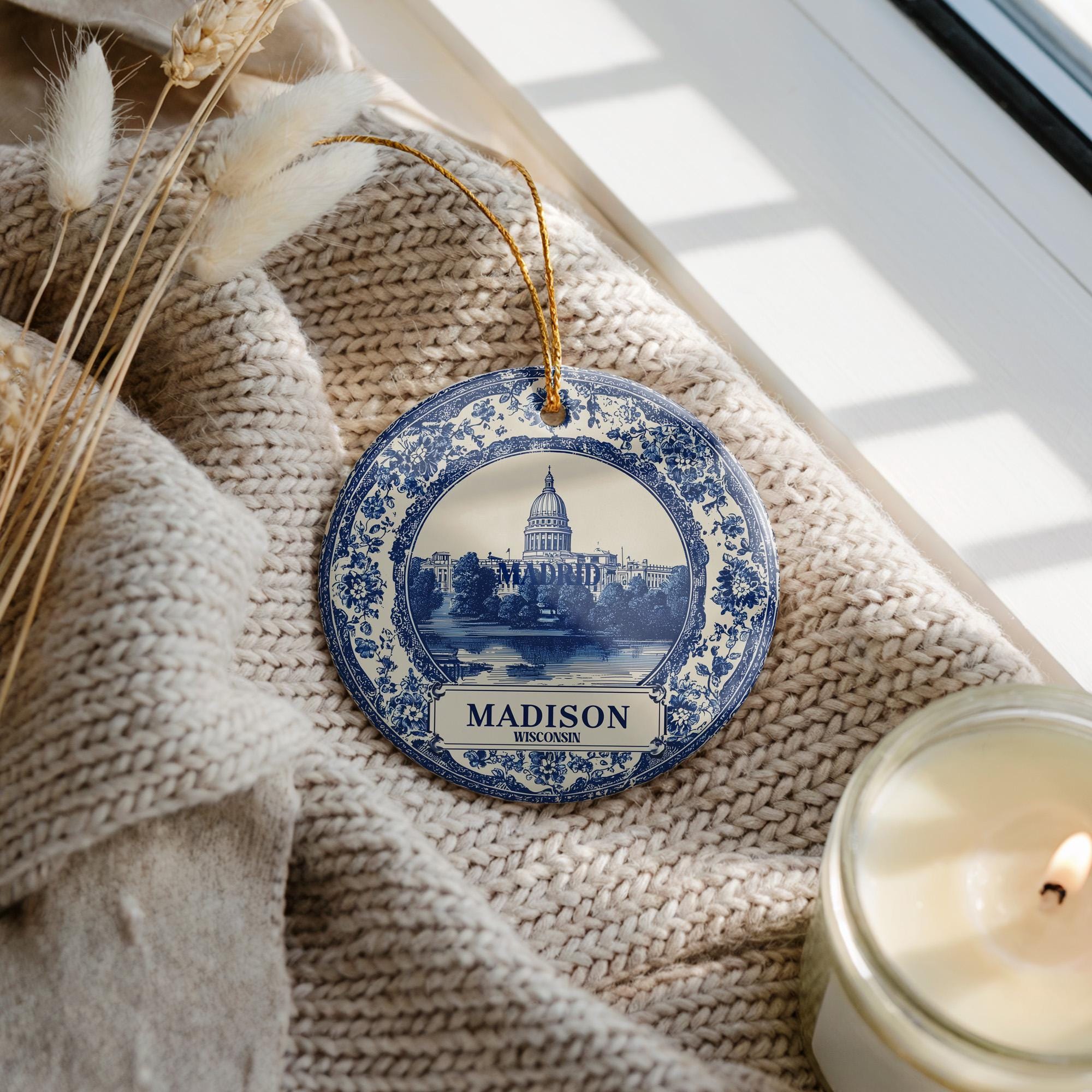 Custom Madison Wisconsin Ceramic Delft Ornament, Christmas Delftware Blue Delftware city travel