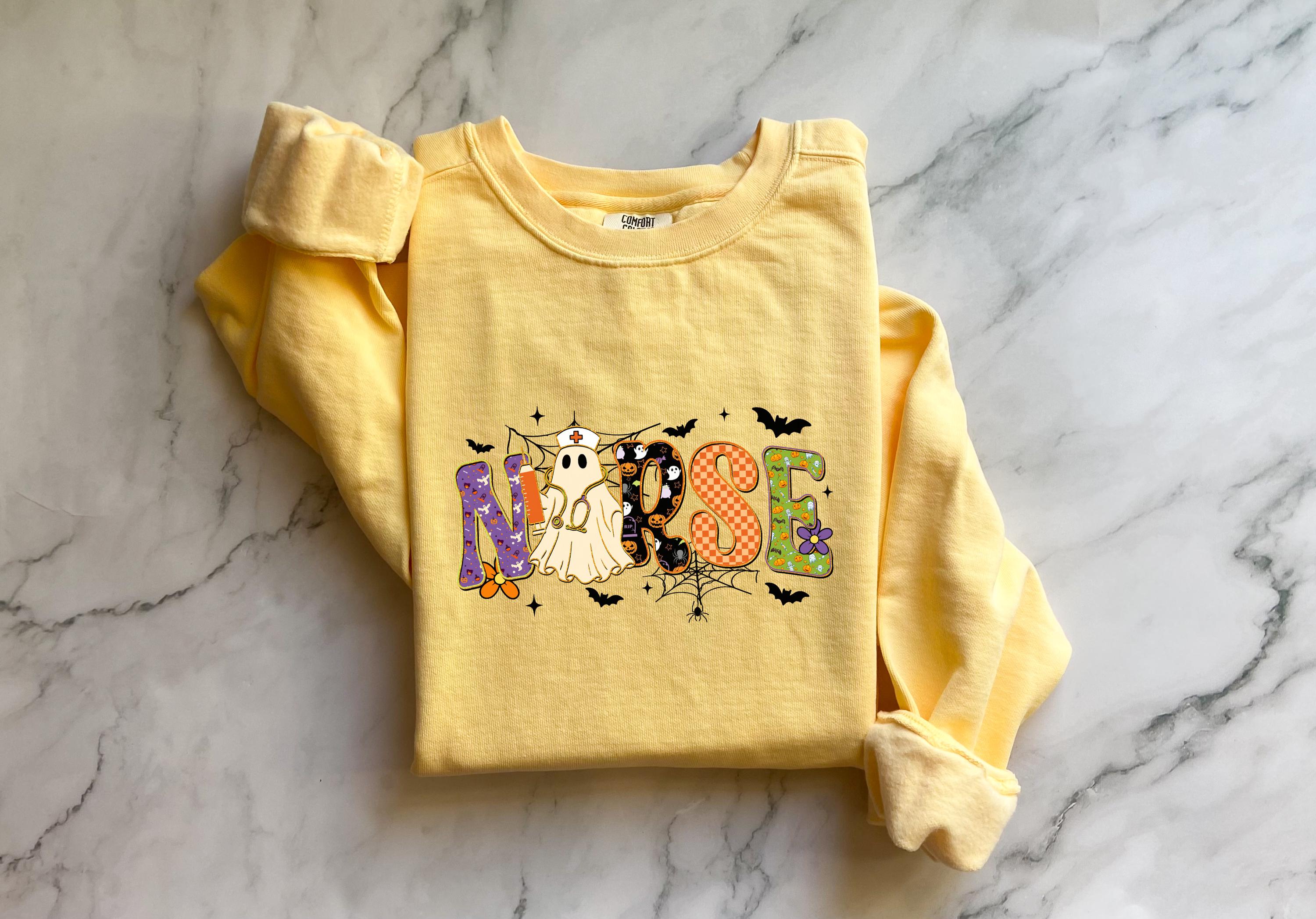 Halloween Nurse Sweatshirt, Retro NURSE Letter Print Fall Pullover, Comfort Colors Spooky RN Crewneck, Cute Halloween Nurse Gift