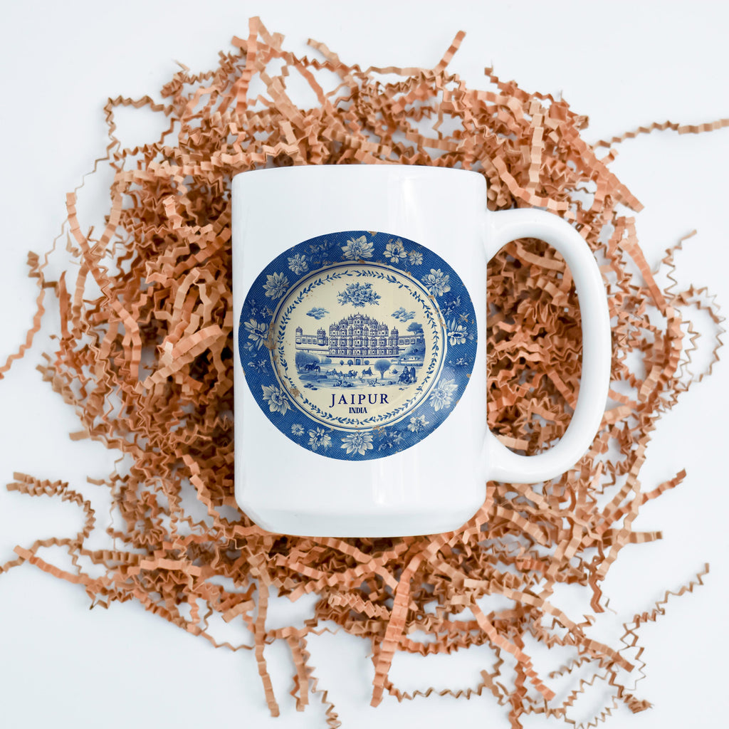 Jaipur India Mug, Custom Delft Style cup, Personalized Vintage Travel City Gift