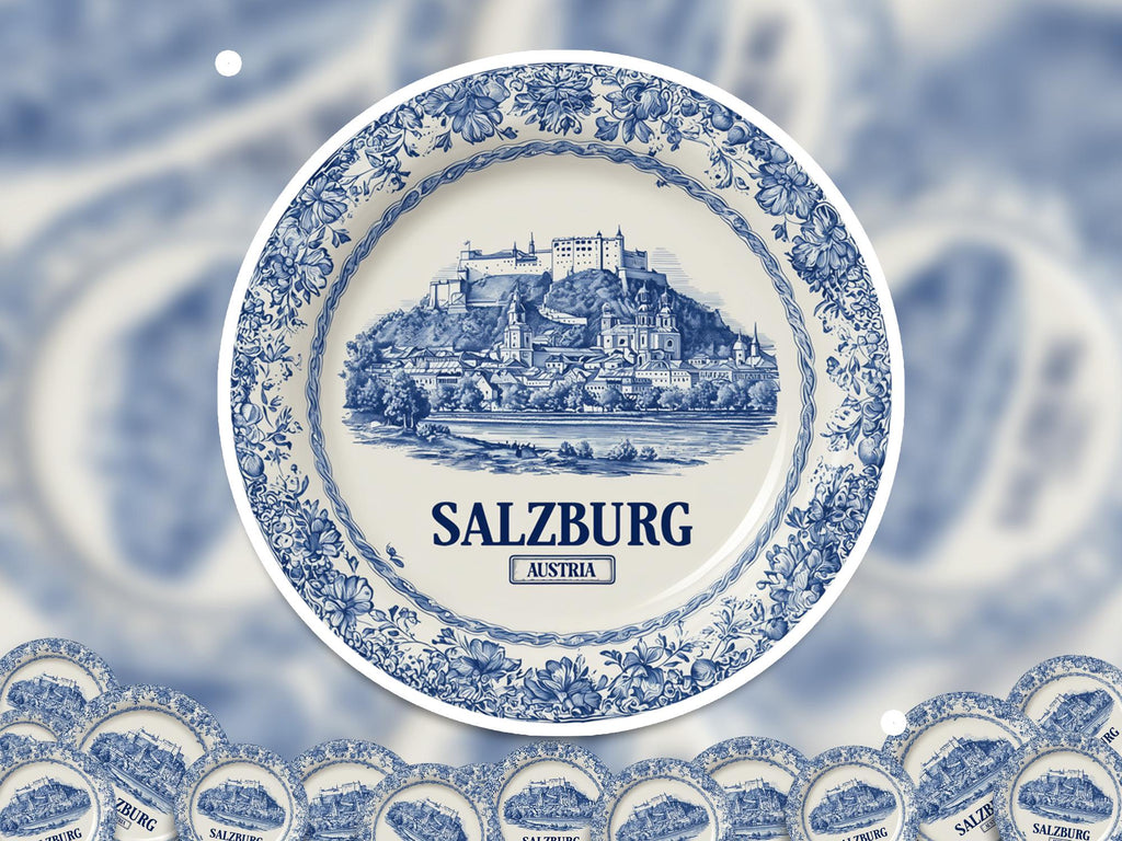 Salzburg Austria Sticker Vintage Delft style, Delftware Decal Waterproof Vinyl, Blue City Travel