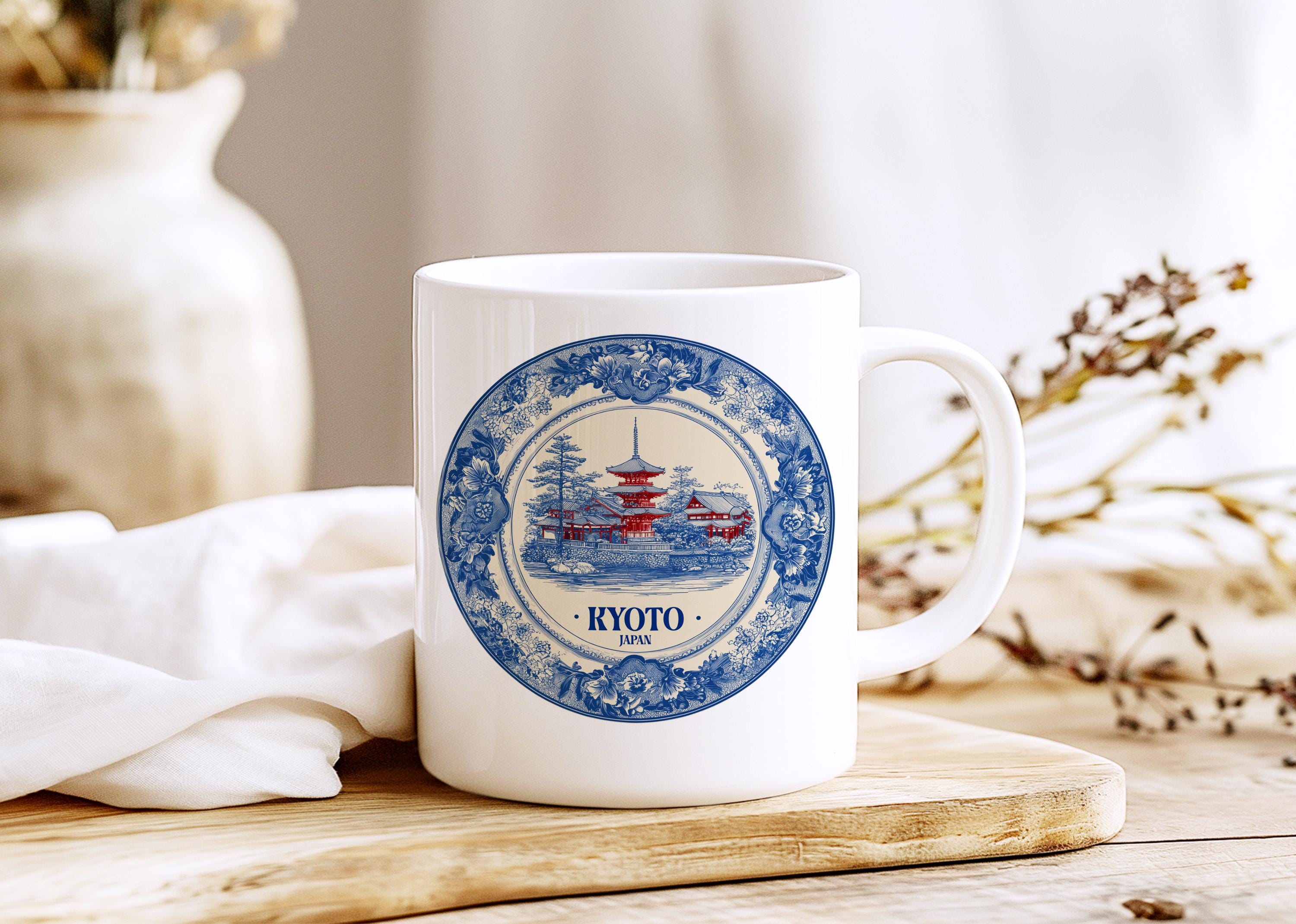 Kyoto Japan Mug, Custom Delft Style cup, Personalized Vintage Travel City Gift