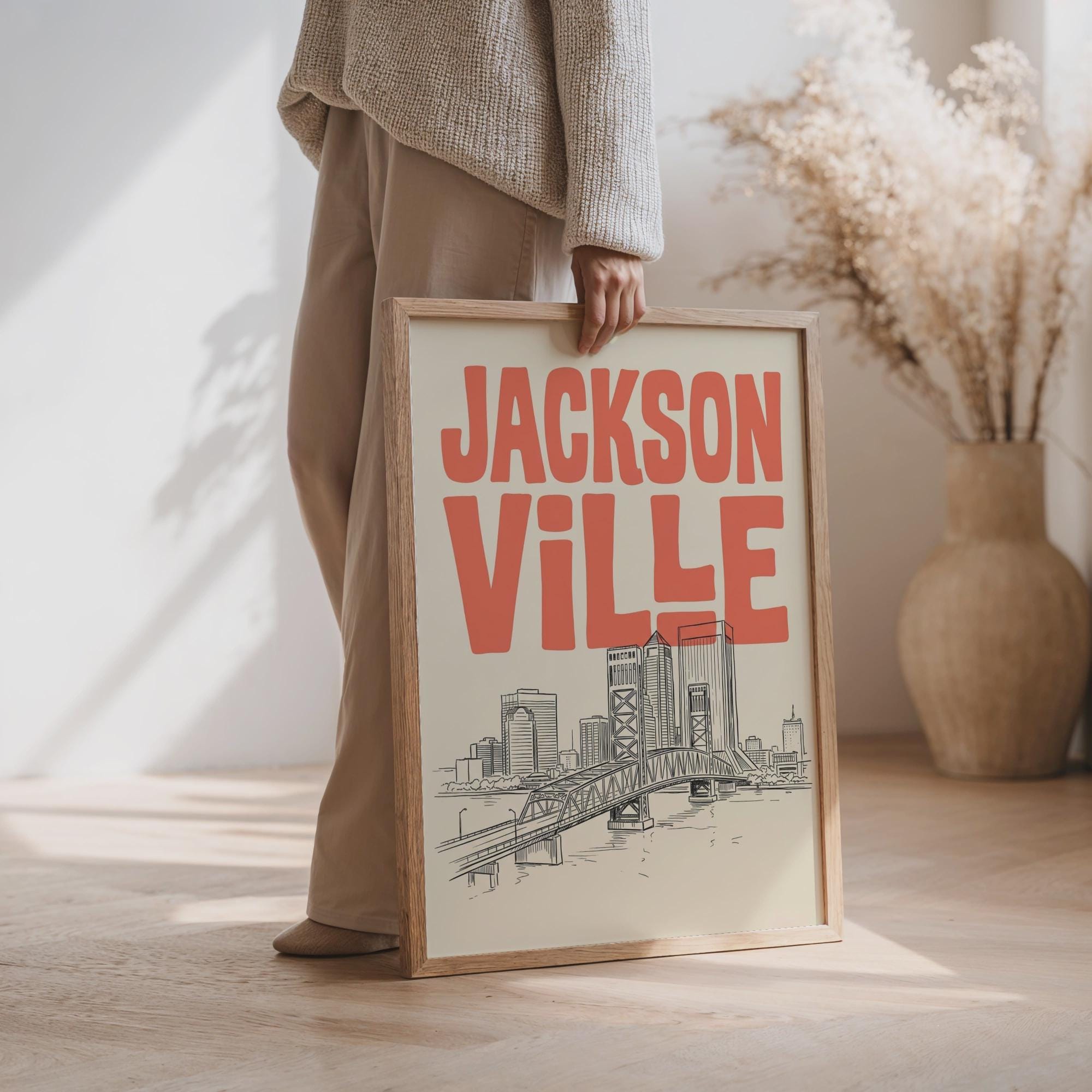 Jacksonville Florida Skyline Minimalist Wall Art, Framed Canvas Print, Retro City Decor