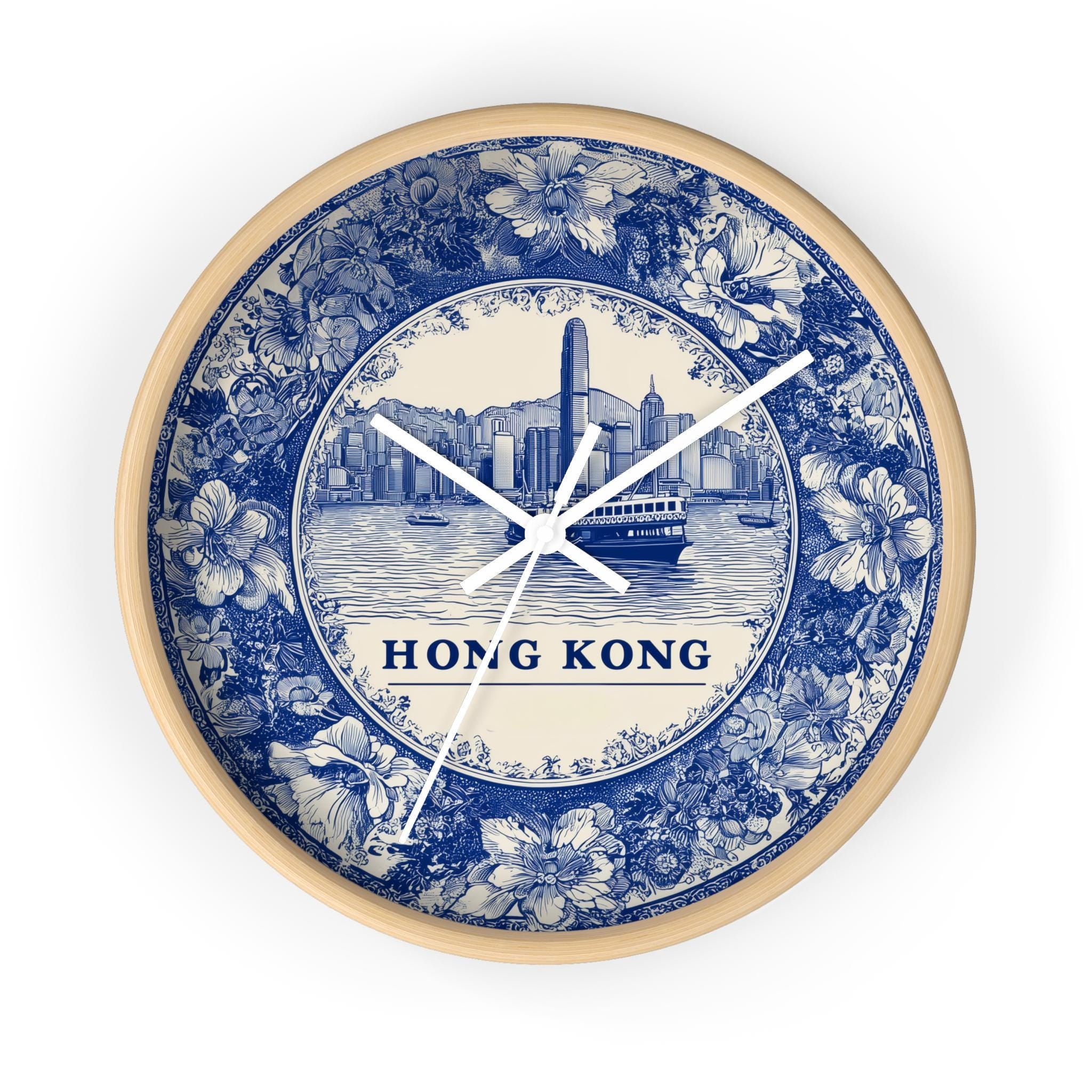Hong Kong Wall Clock, Delf style Home Decor, Vintage City Travel Keepsake Art