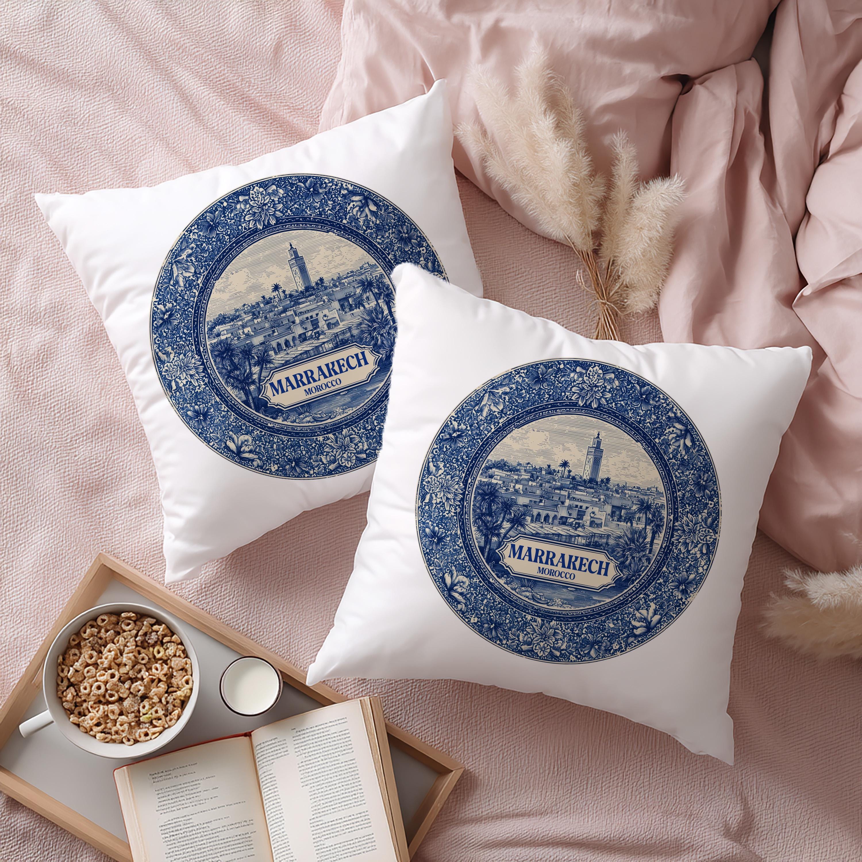 Marrakech Morocco Pillowcase, Delft Style Decorative Throw Pillow, Vintage Cityscape Retro Home Decor