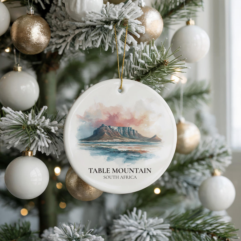 Table Mountain South Africa Personalized Watercolor Ornament, Custom Ceramic Christmas gift, Travel Keepsake