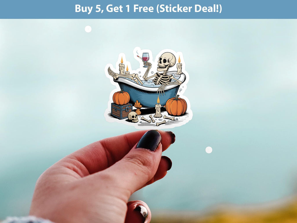 Tired Skeleton in bathtub Sticker, Spooky Halloween Waterproof Decal for tumbler, kindle