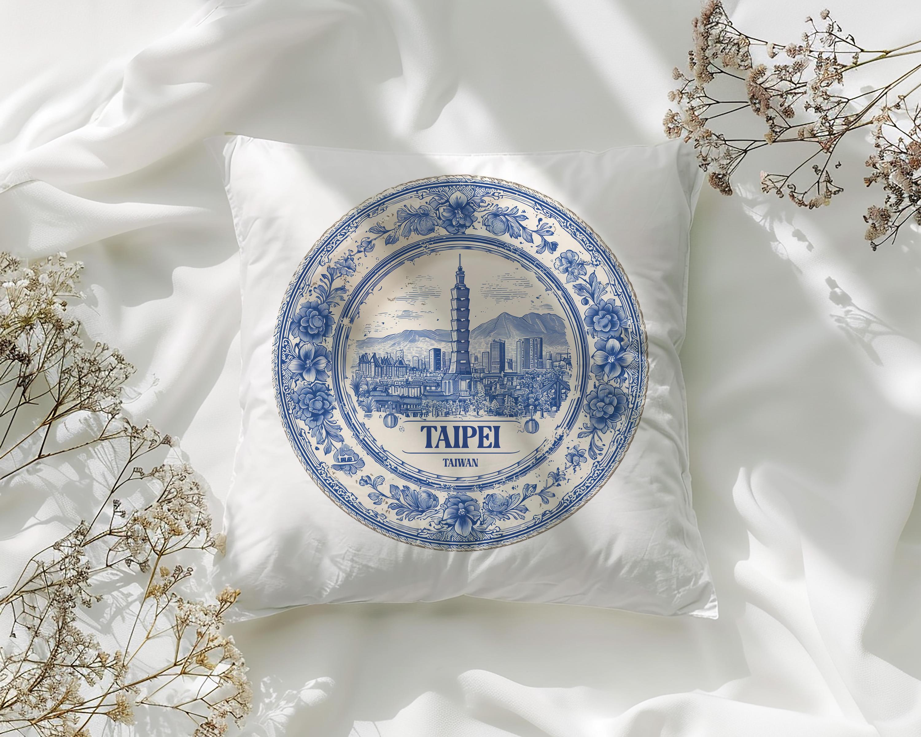 Taipei Taiwan Pillowcase, Delft Style Decorative Throw Pillow, Vintage Cityscape Retro Home Decor