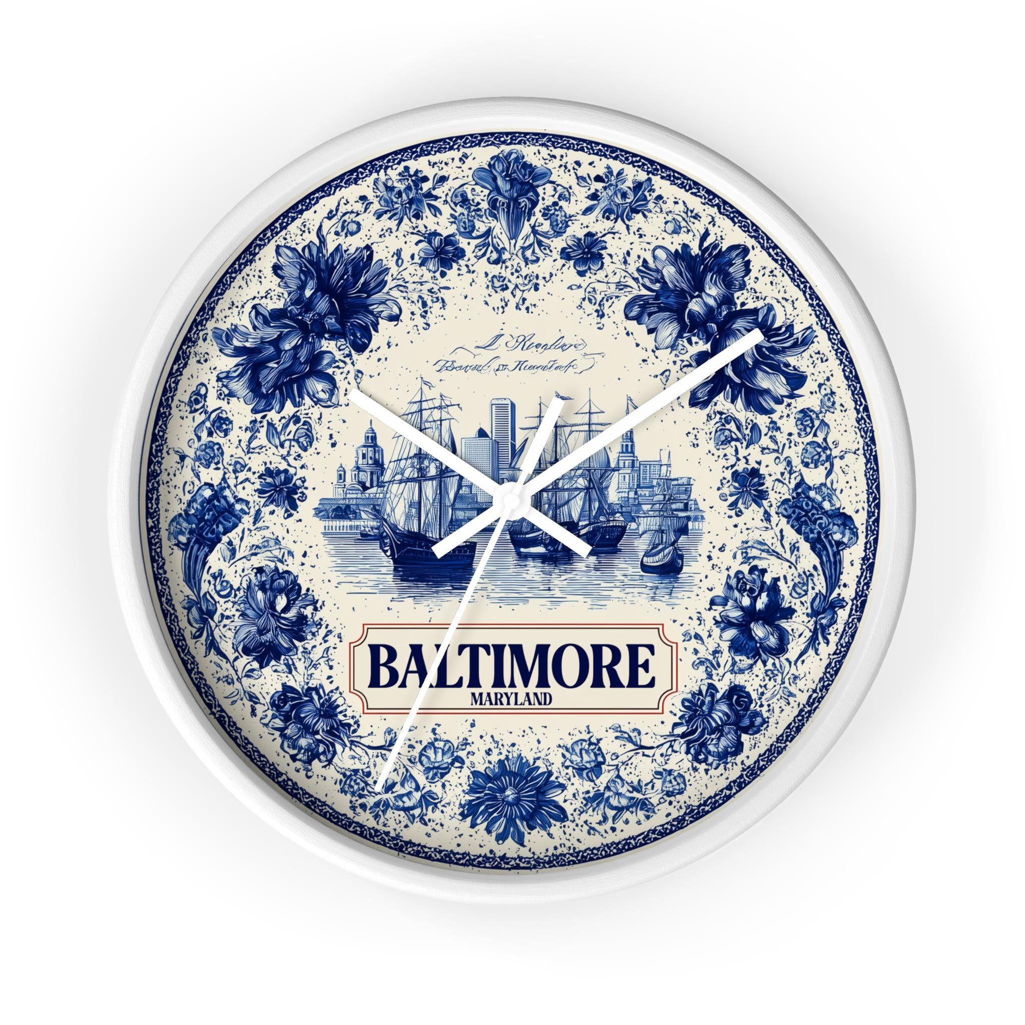 Baltimore Maryland Wall Clock, Delf style Home Decor, Vintage City Travel Keepsake Art