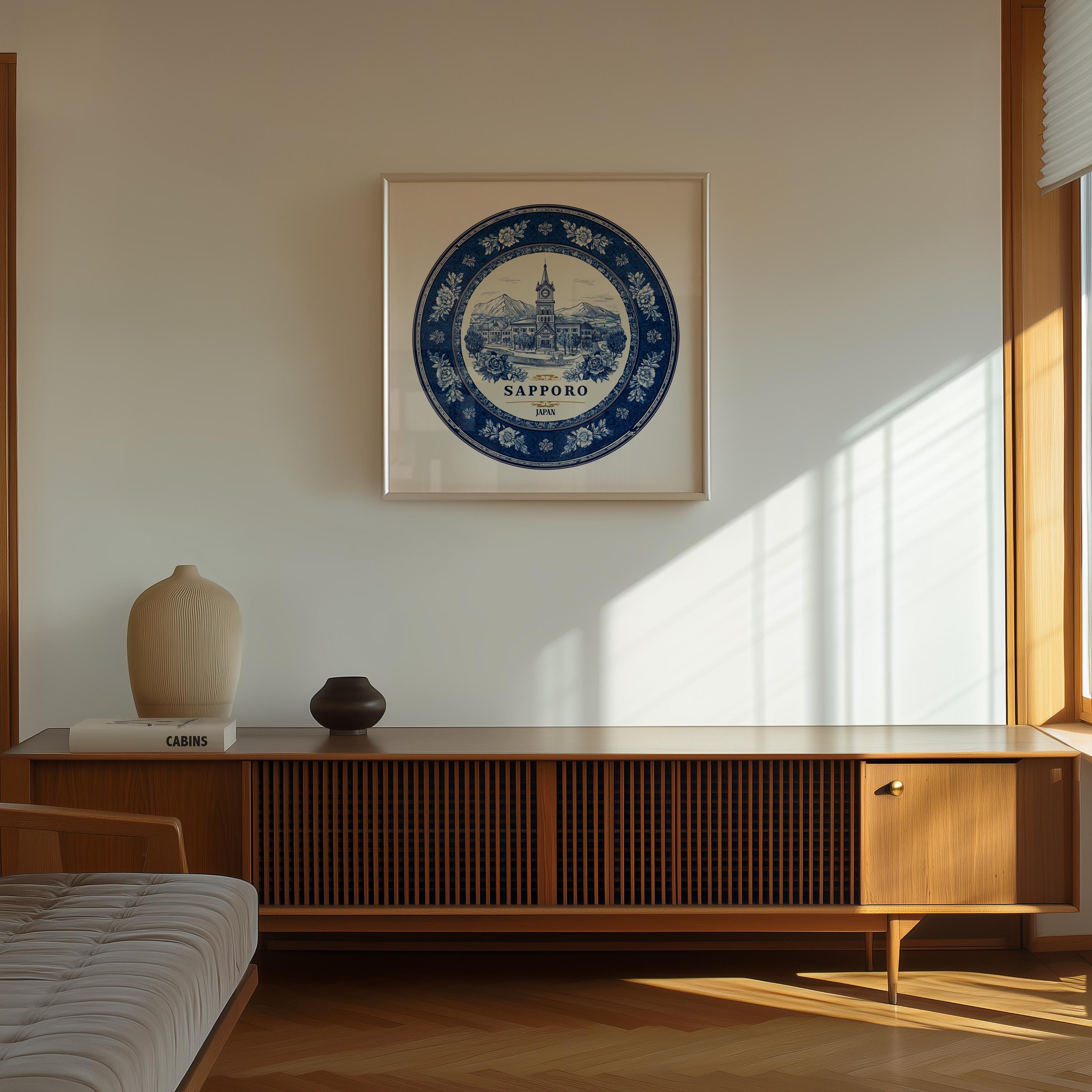 Sapporo Japan Wall Art, Vintage Delft Blue Poster, City Print, Travel Home Decor