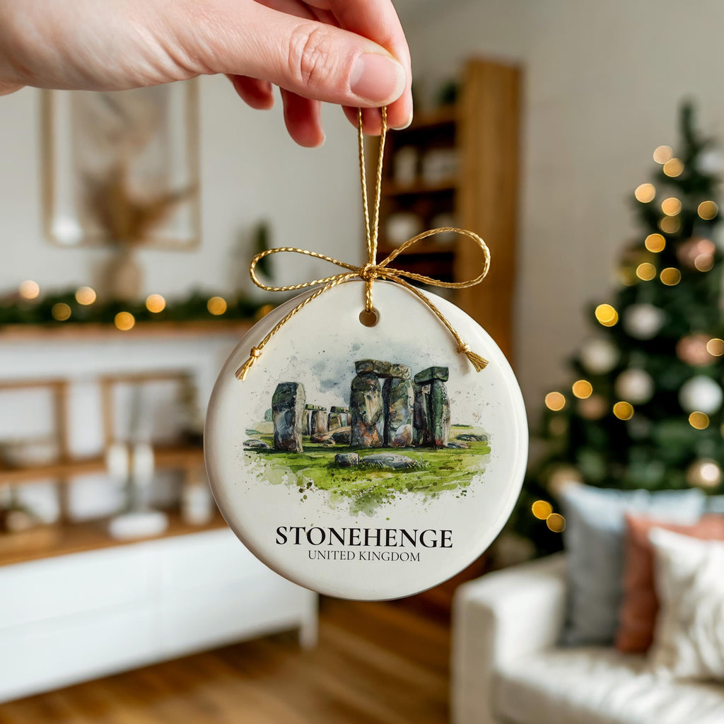 Stonehenge England Personalized Watercolor Ornament, Custom Ceramic Christmas gift, Travel Keepsake