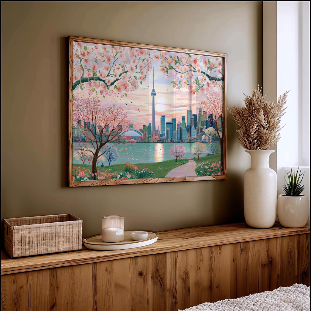 Toronto Spring Wall Art, Cherry Blossom Floral Canada Travel Gift Decor Large Print Painting