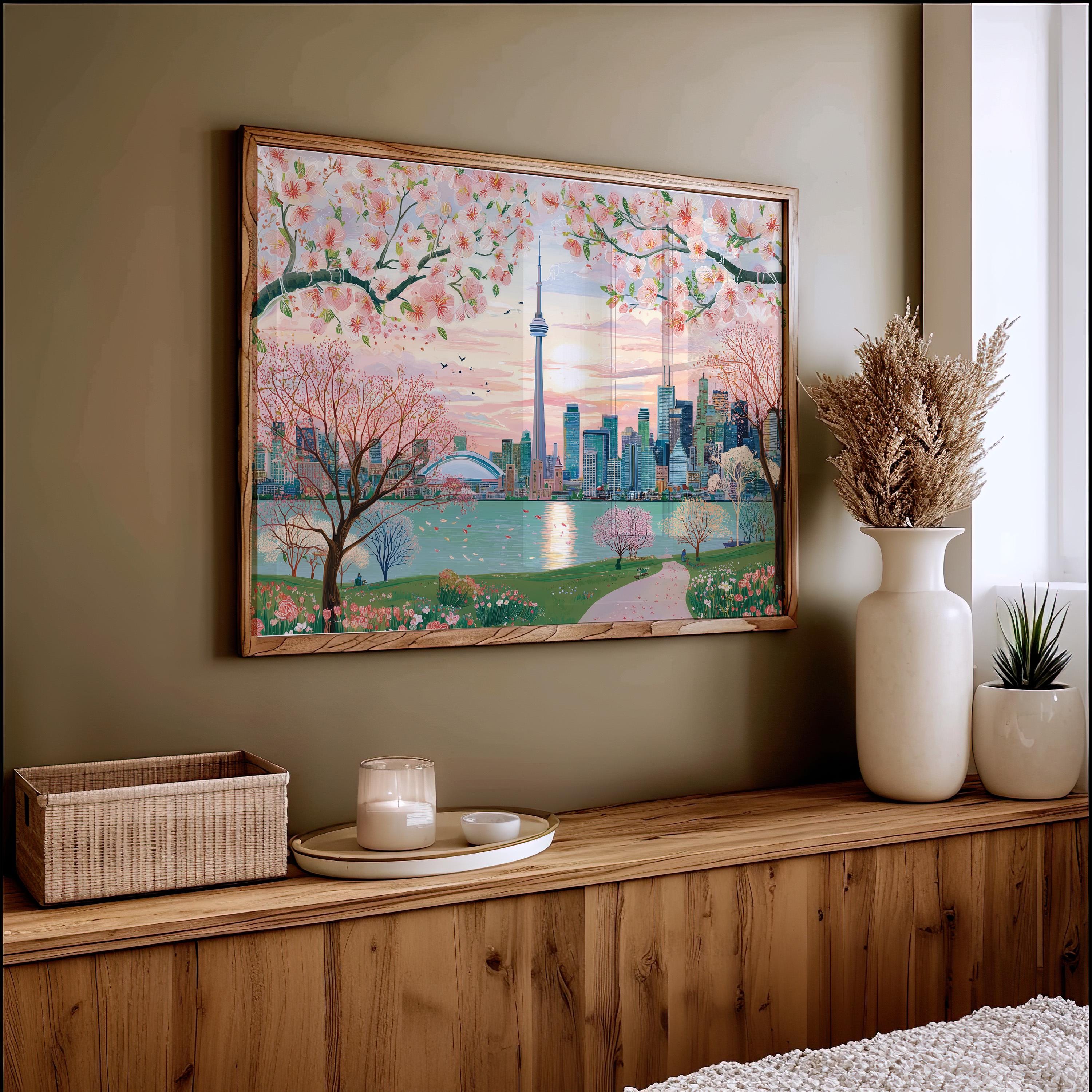 Toronto Spring Wall Art, Cherry Blossom Floral Canada Travel Gift Decor Large Print Painting