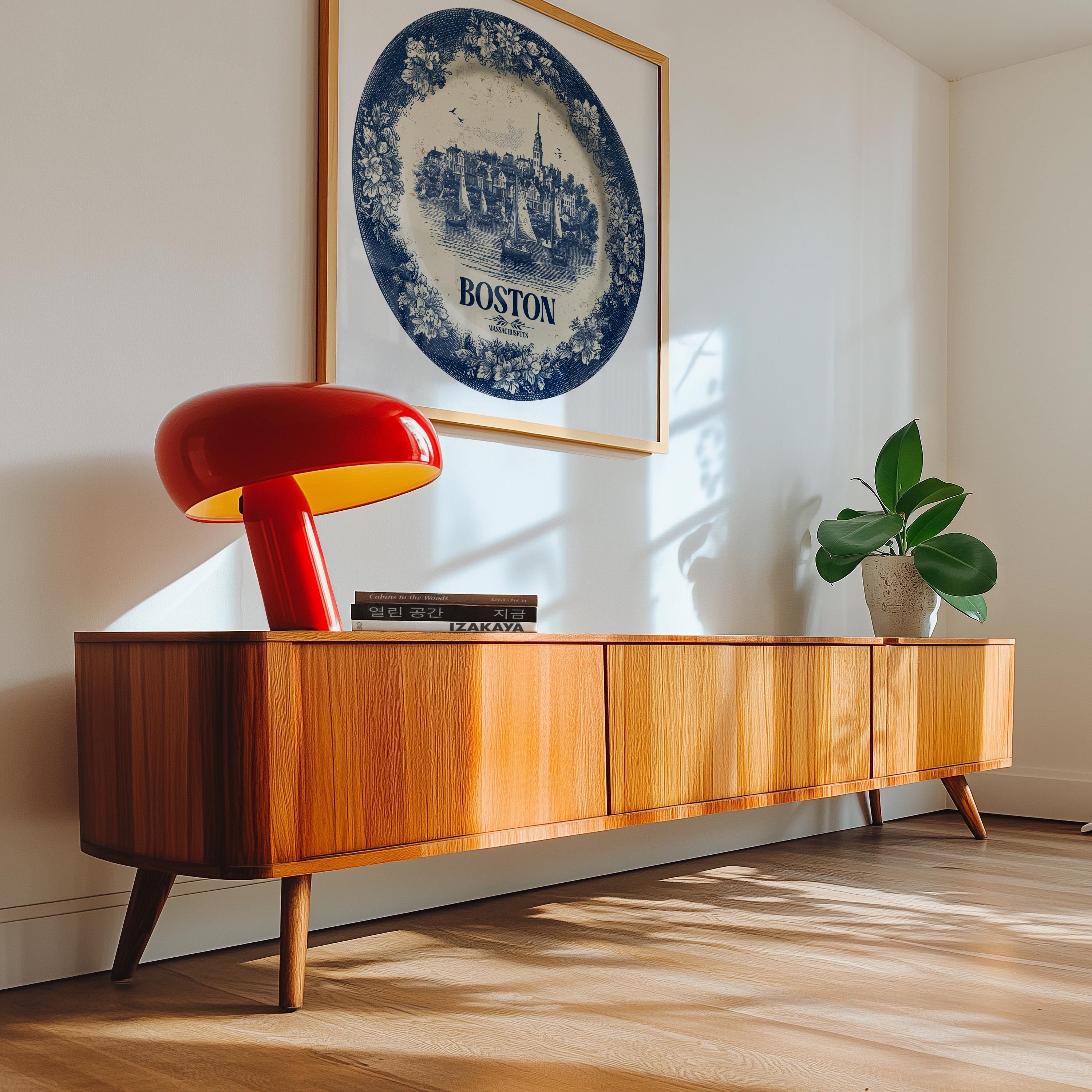 Boston Wall Art Massachusetts, Vintage Delft Blue Poster, City Print, Travel Home Decor