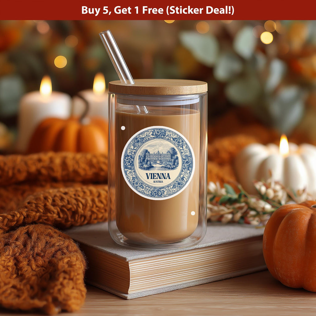 Vienna Austria Sticker Vintage Delft style, Delftware Decal Waterproof Vinyl, Blue City Travel