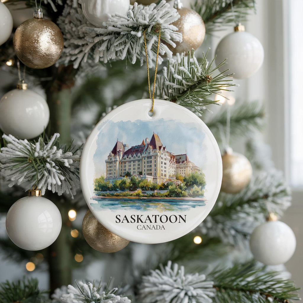 Saskatoon Saskatchewan Personalized Watercolor Ornament, Custom Ceramic Christmas gift, Travel Keepsake