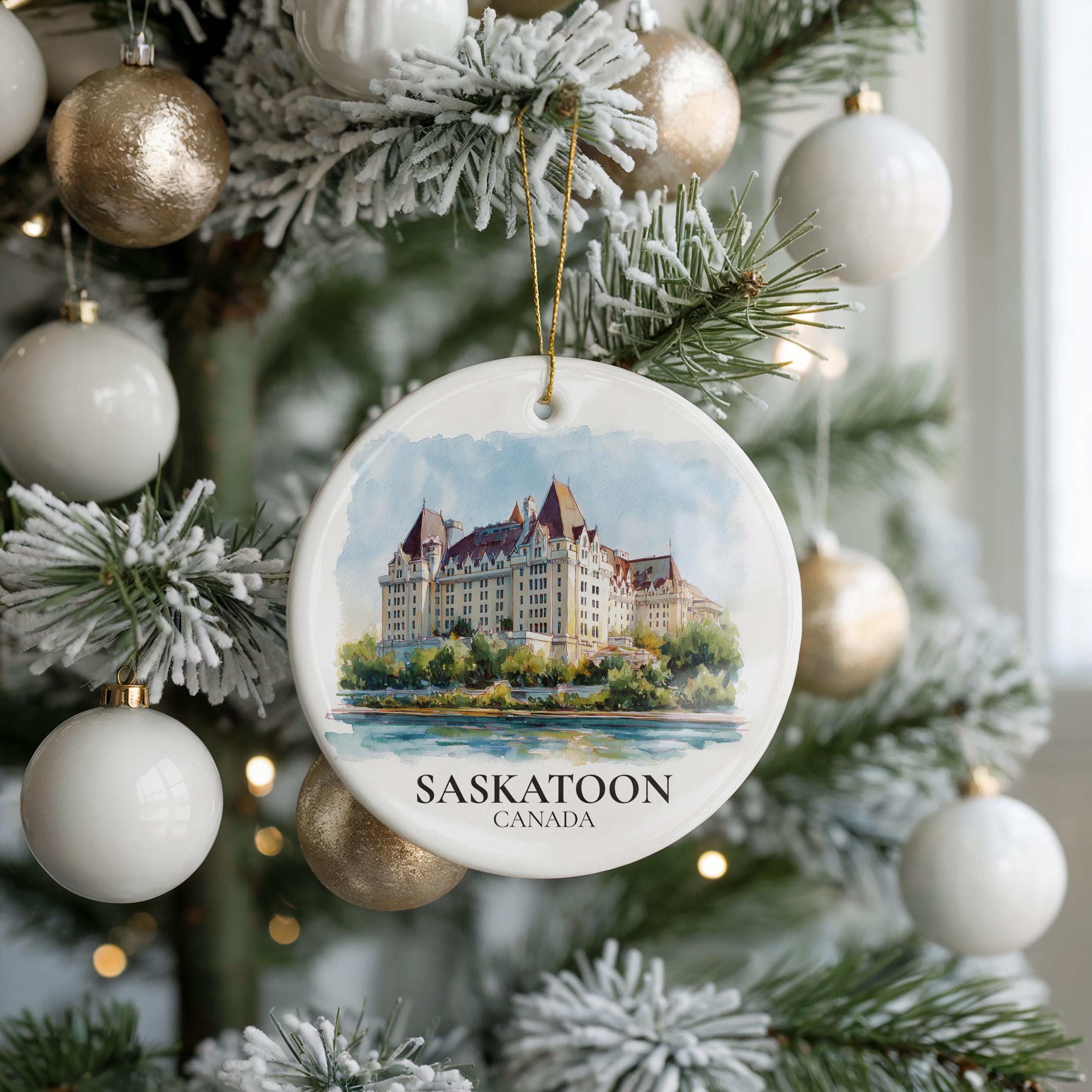Saskatoon Saskatchewan Personalized Watercolor Ornament, Custom Ceramic Christmas gift, Travel Keepsake