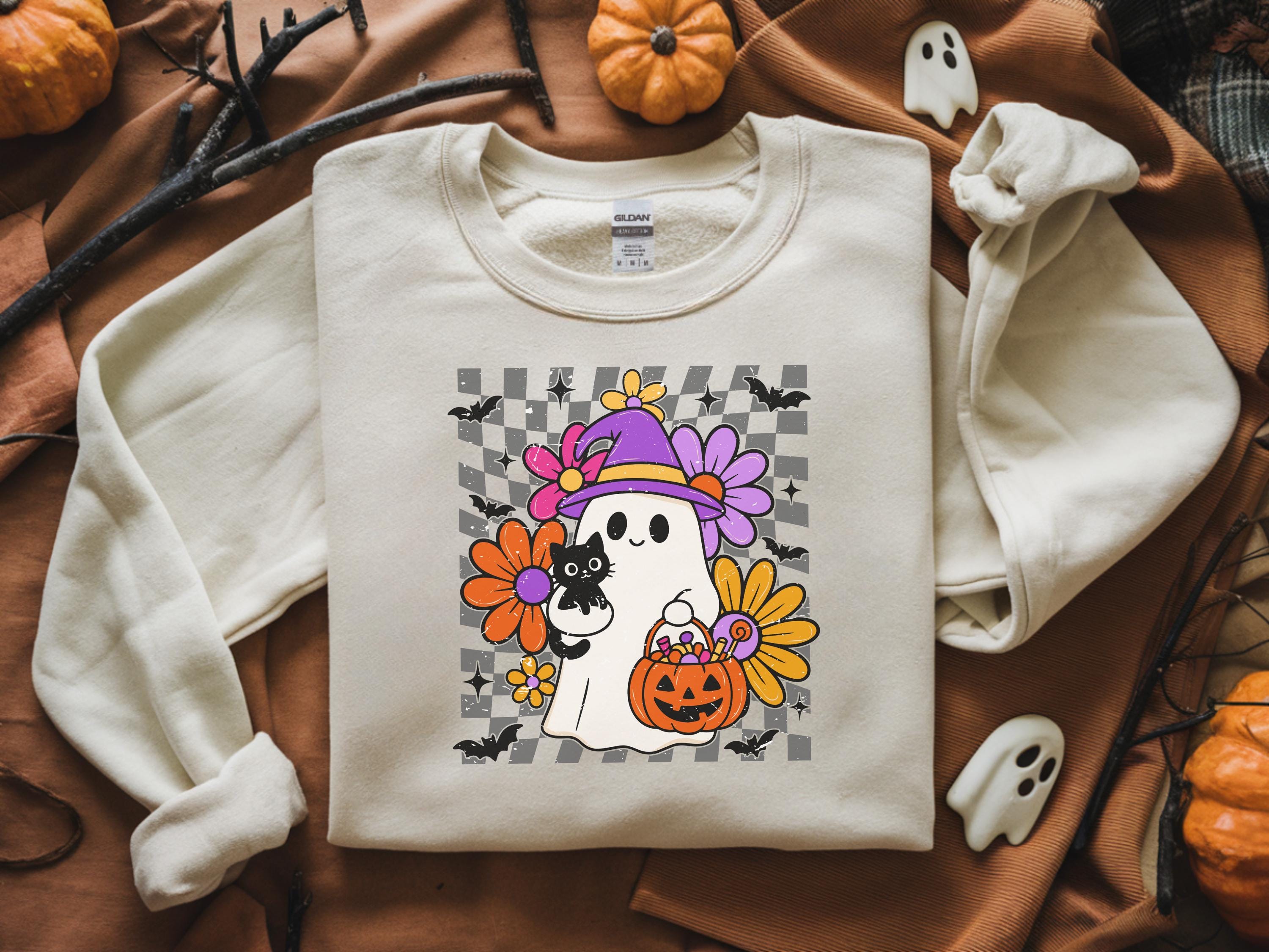 Retro Cute ghost Halloween Sweatshirt, Cute Cat Pumpkin Fall Top, Floral Spooky Crew, Trick or Treat Autumn Outfit, Funny Halloween Shirt