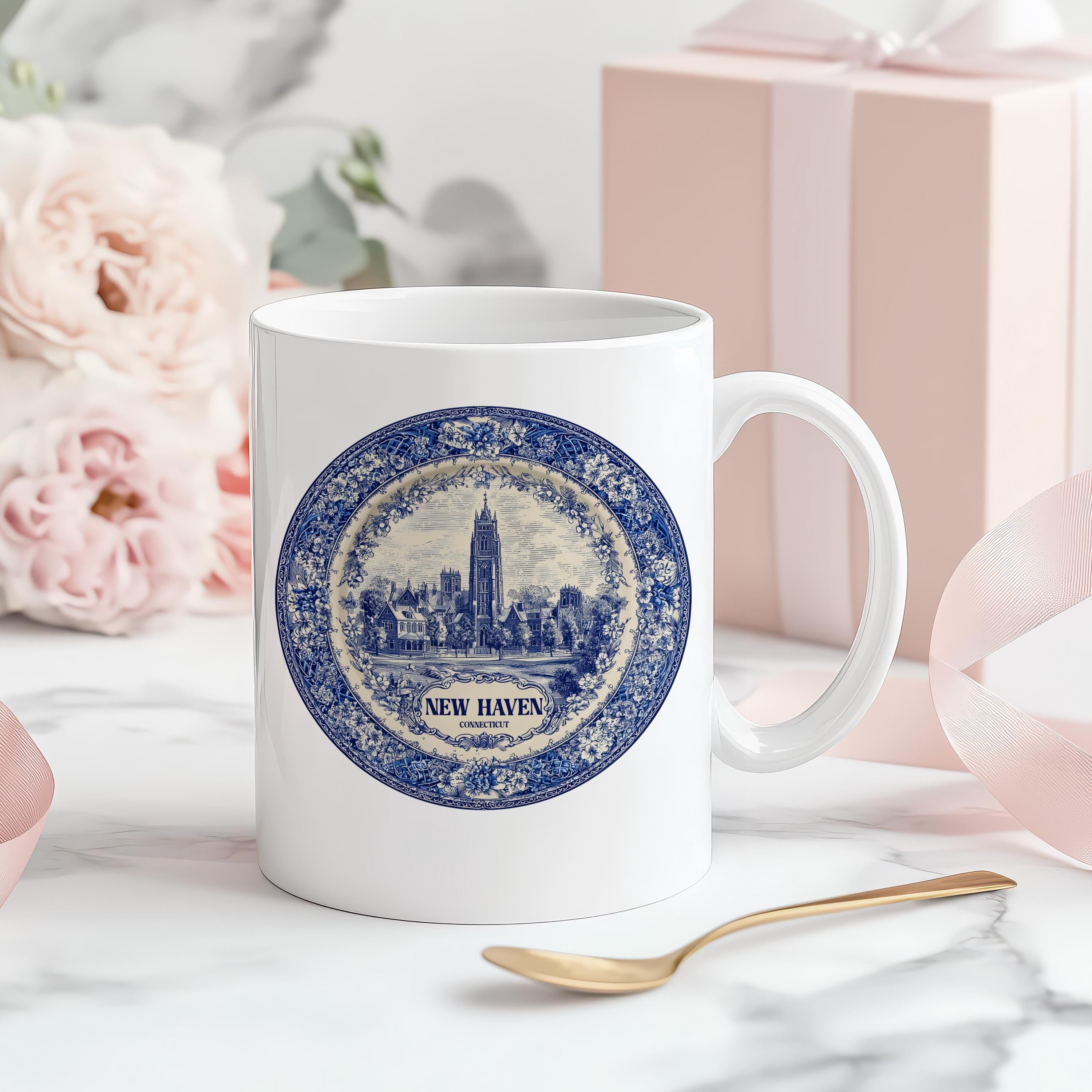 New Haven Connecticut Mug, Custom Delft Style cup, Personalized Vintage Travel City Gift