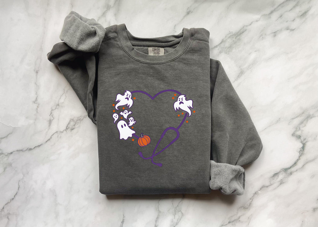 Halloween Nurse Sweatshirt, Ghost & stethoscope Spooky RN Fall Top, Cozy Autumn Pullover, Cute Retro Gift for Nurse