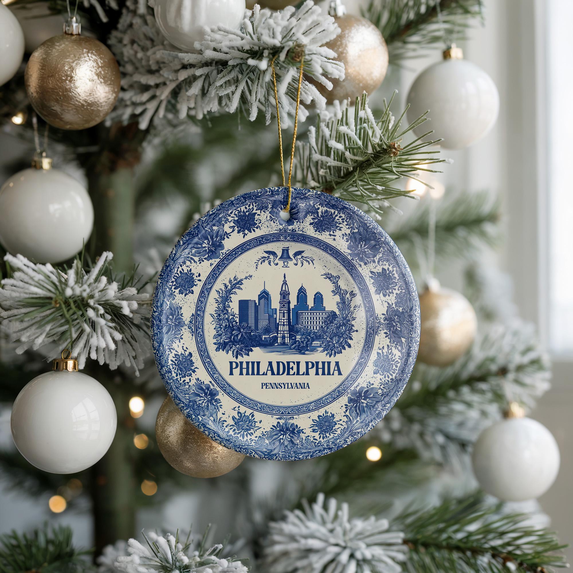 Custom Philadelphia Delftware Ceramic Ornament: City Travel Keepsake