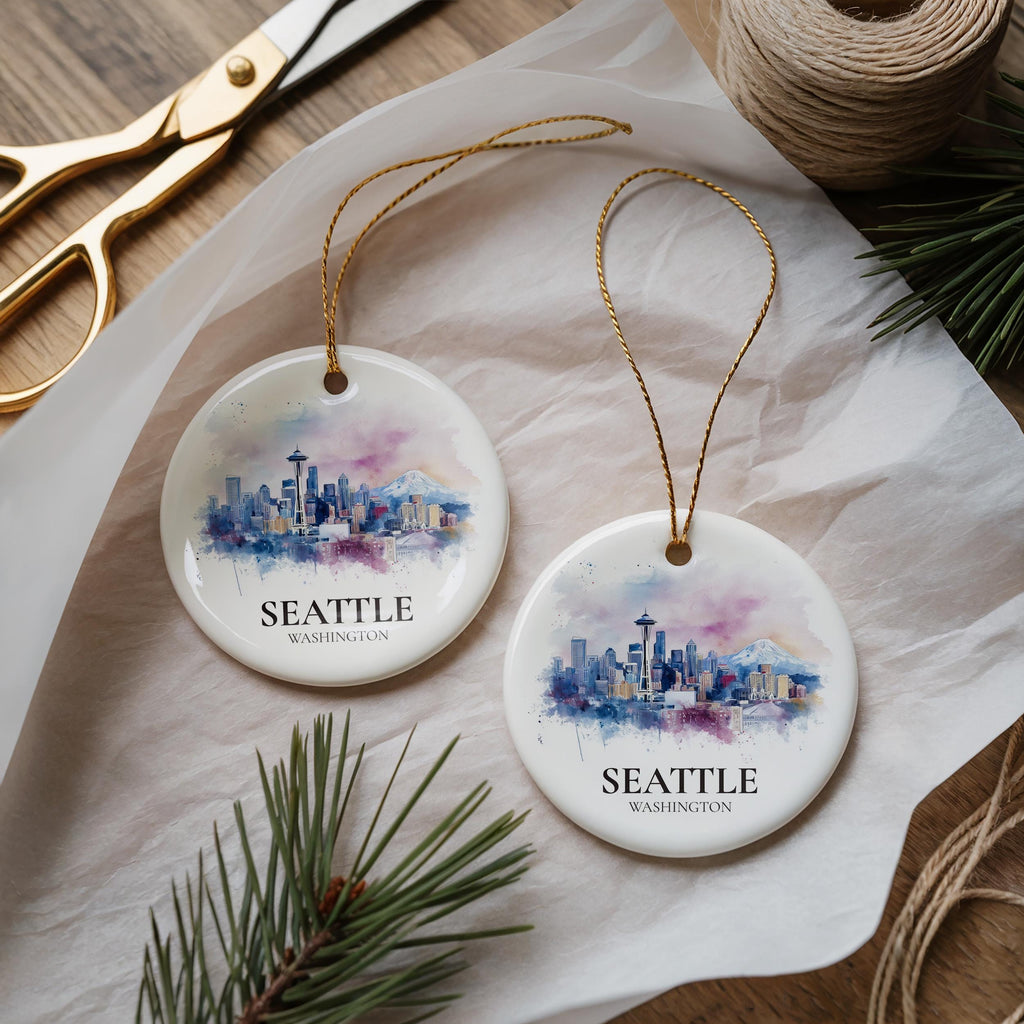 Seattle Washington Personalized Watercolor Ornament, Custom Ceramic Christmas gift, Travel Keepsake