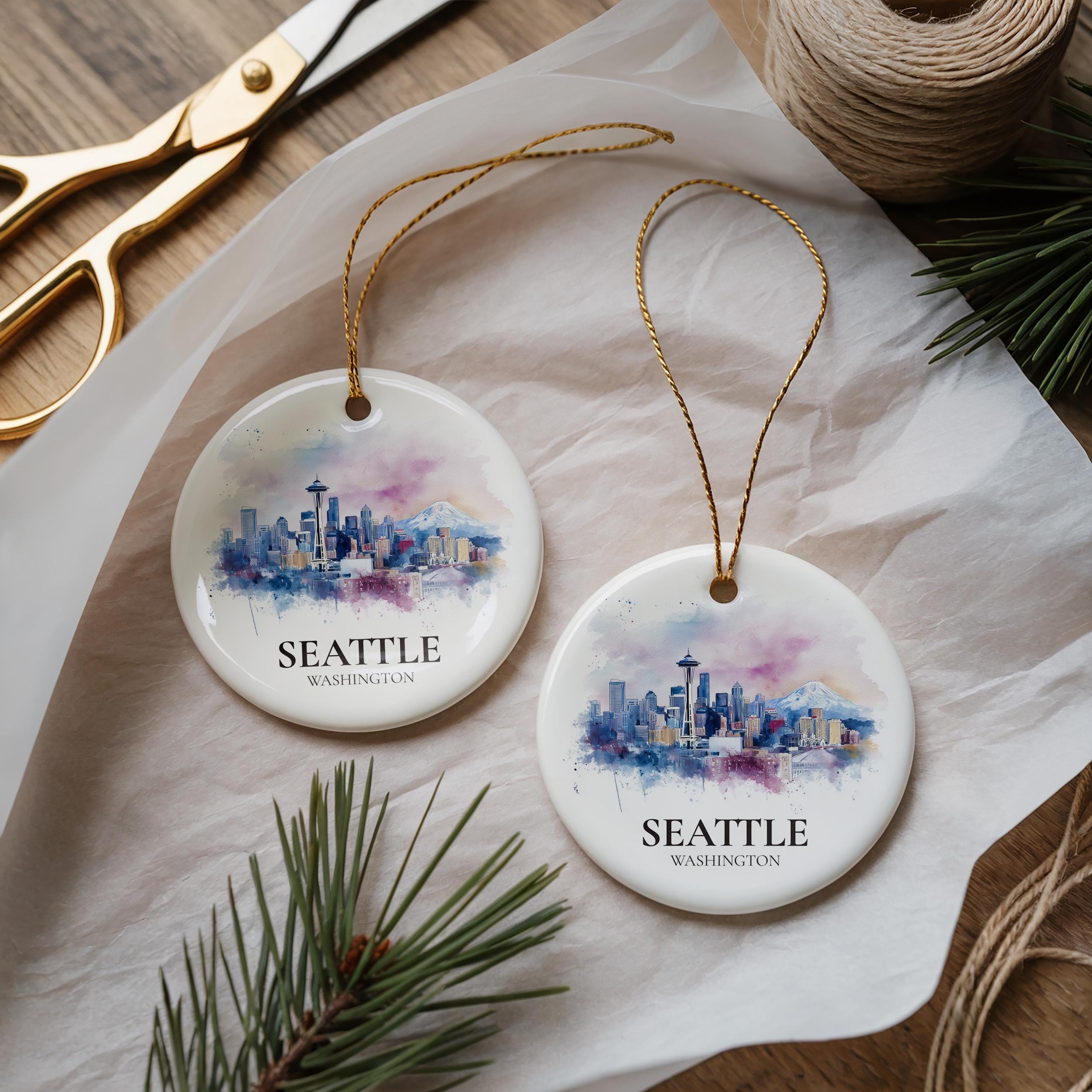 Seattle Washington Personalized Watercolor Ornament, Custom Ceramic Christmas gift, Travel Keepsake