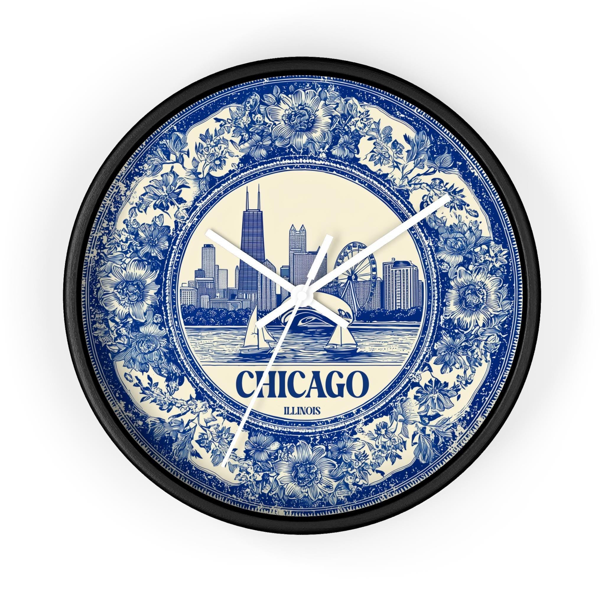 Chicago Illinois Wall Clock, Delf style Home Decor, Vintage City Travel Keepsake Art