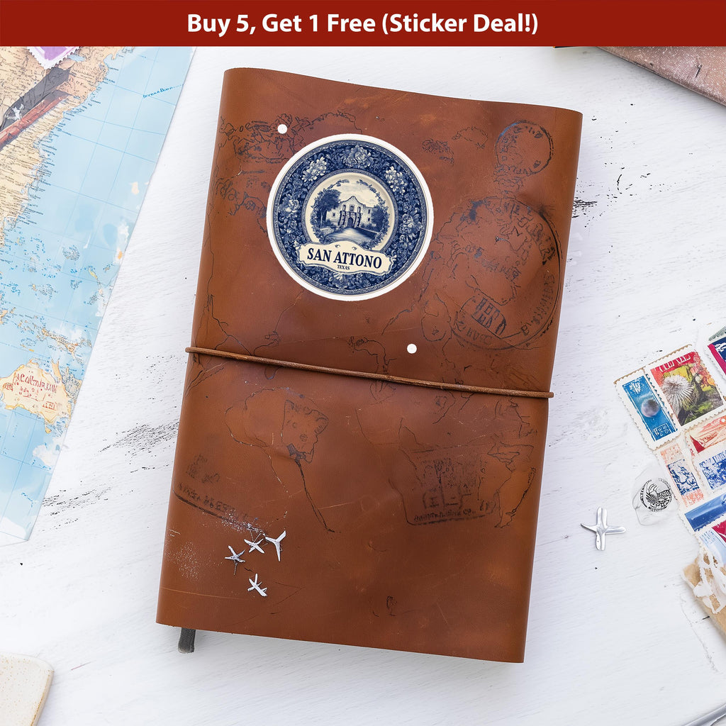 San Antonio Texas Sticker Vintage Delft style, Delftware Decal Waterproof Vinyl, Blue City Travel