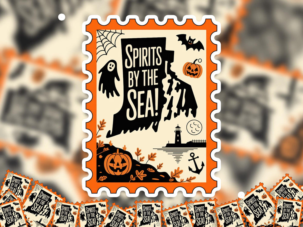 Rhode Island Stamp Halloween Sticker, Spooky USA Kiss-Cut Vinyl, Waterproof Decal, United States Travel