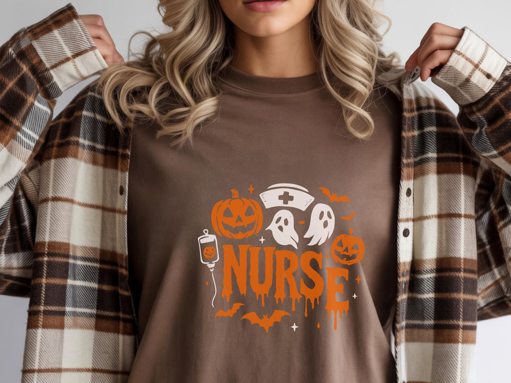 Halloween Nurse Sweatshirt – Spooky Season Shirt with Ghosts, Pumpkins & Nurse Hat, Gift for nurse RN Healthcare workers