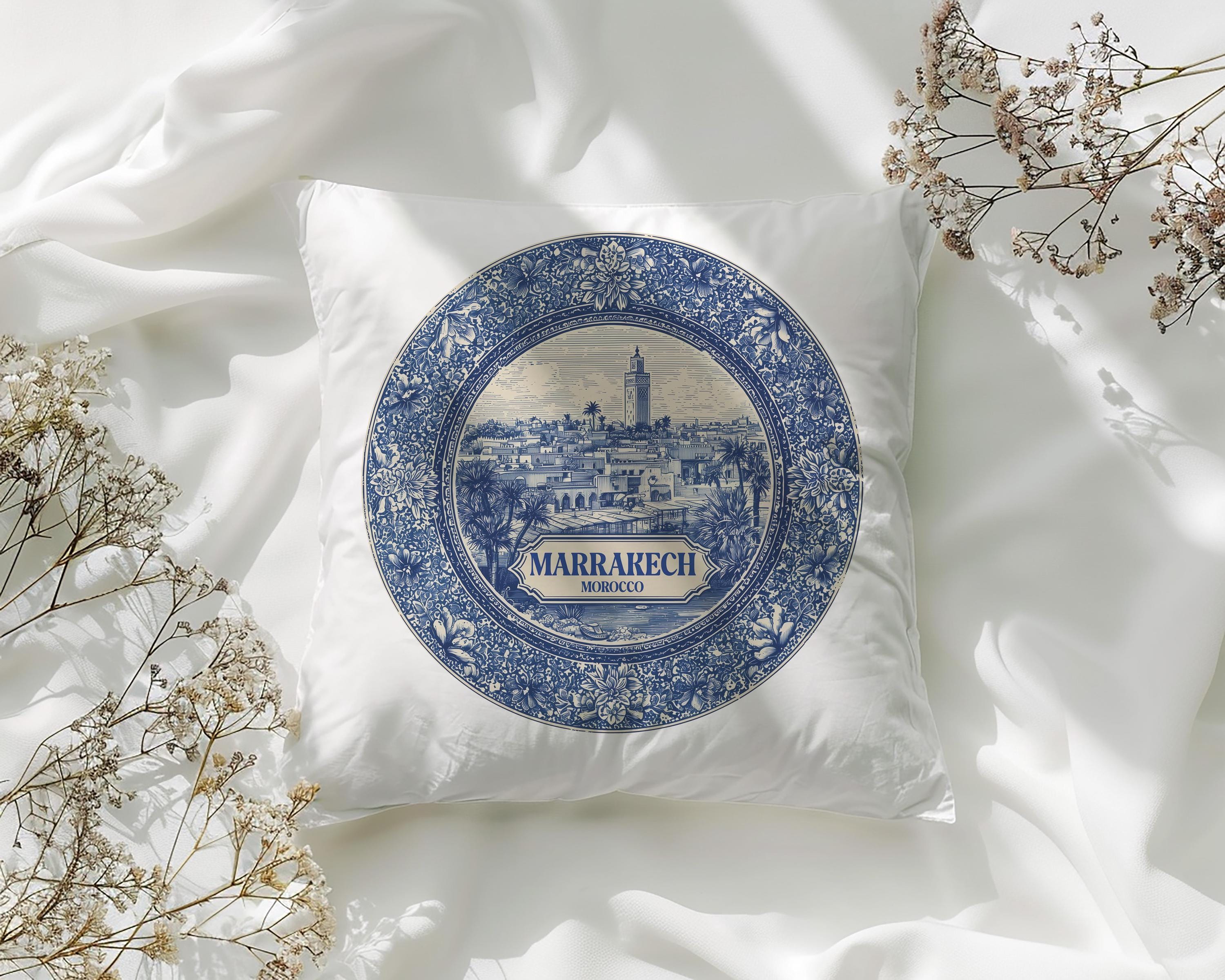 Marrakech Morocco Pillowcase, Delft Style Decorative Throw Pillow, Vintage Cityscape Retro Home Decor